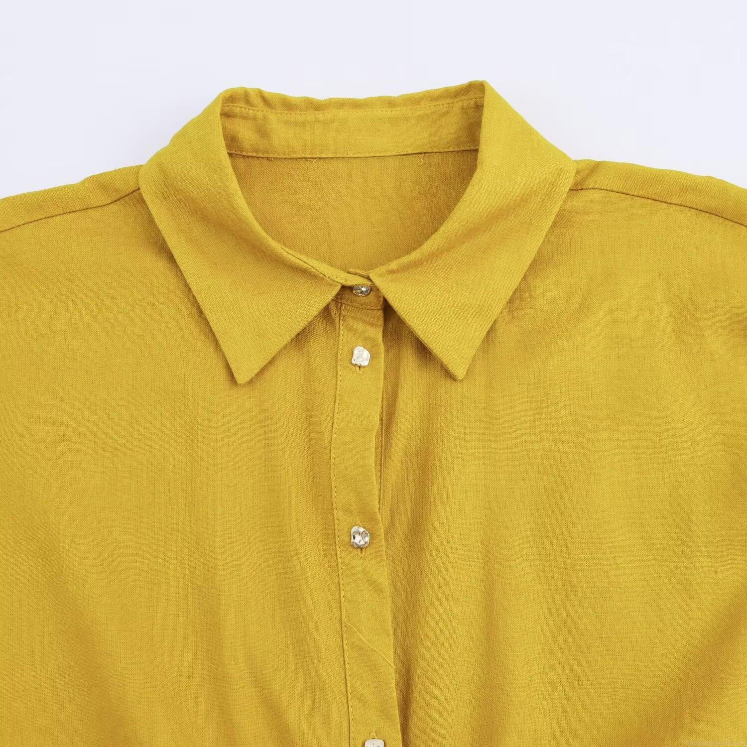 Mustard Yellow Women\'s Casual Linen Blend 2 Piece Set Short Sleeve Lapel Tie Knot Shirt High Waist Wide Leg Straight Pants Summer Autumn Outfit