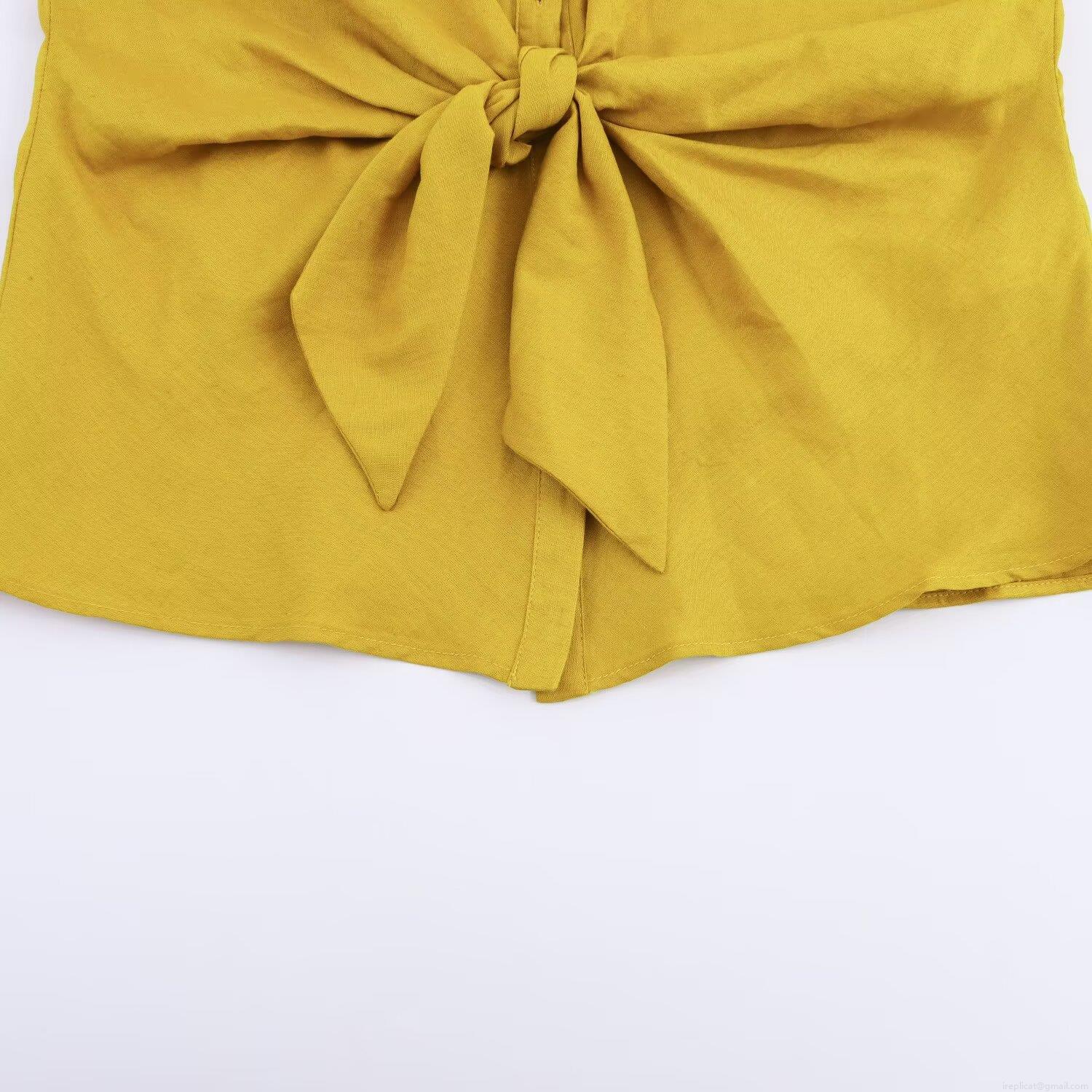 Mustard Yellow Women\'s Casual Linen Blend 2 Piece Set Short Sleeve Lapel Tie Knot Shirt High Waist Wide Leg Straight Pants Summer Autumn Outfit