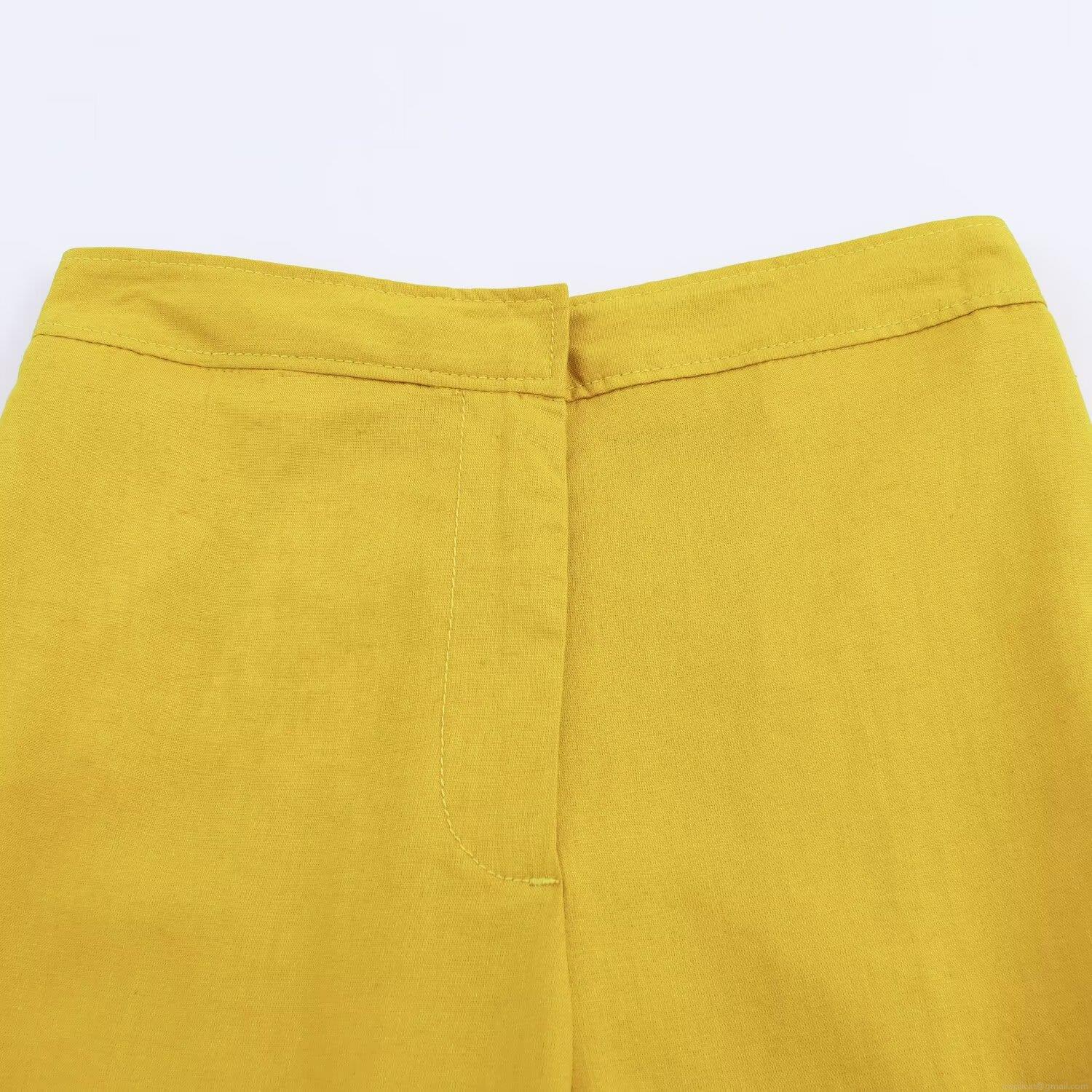 Mustard Yellow Women\'s Casual Linen Blend 2 Piece Set Short Sleeve Lapel Tie Knot Shirt High Waist Wide Leg Straight Pants Summer Autumn Outfit