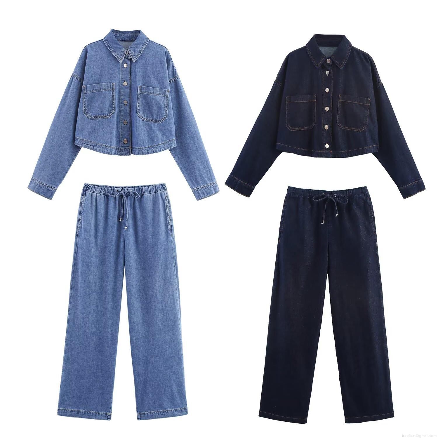 Women Fashion Casual Denim Two-Piece Set Short Long Sleeve Button Down Blouse Shirt Crop Top And High Waist Drawstring Wide Leg Jogger Pants Separates Women Fashion Casual Denim Two-Piece Set Short Long Sleeve Button Down Blouse Shirt Crop Top And High Waist Drawstring Wide Leg Jogger Pants Separates
