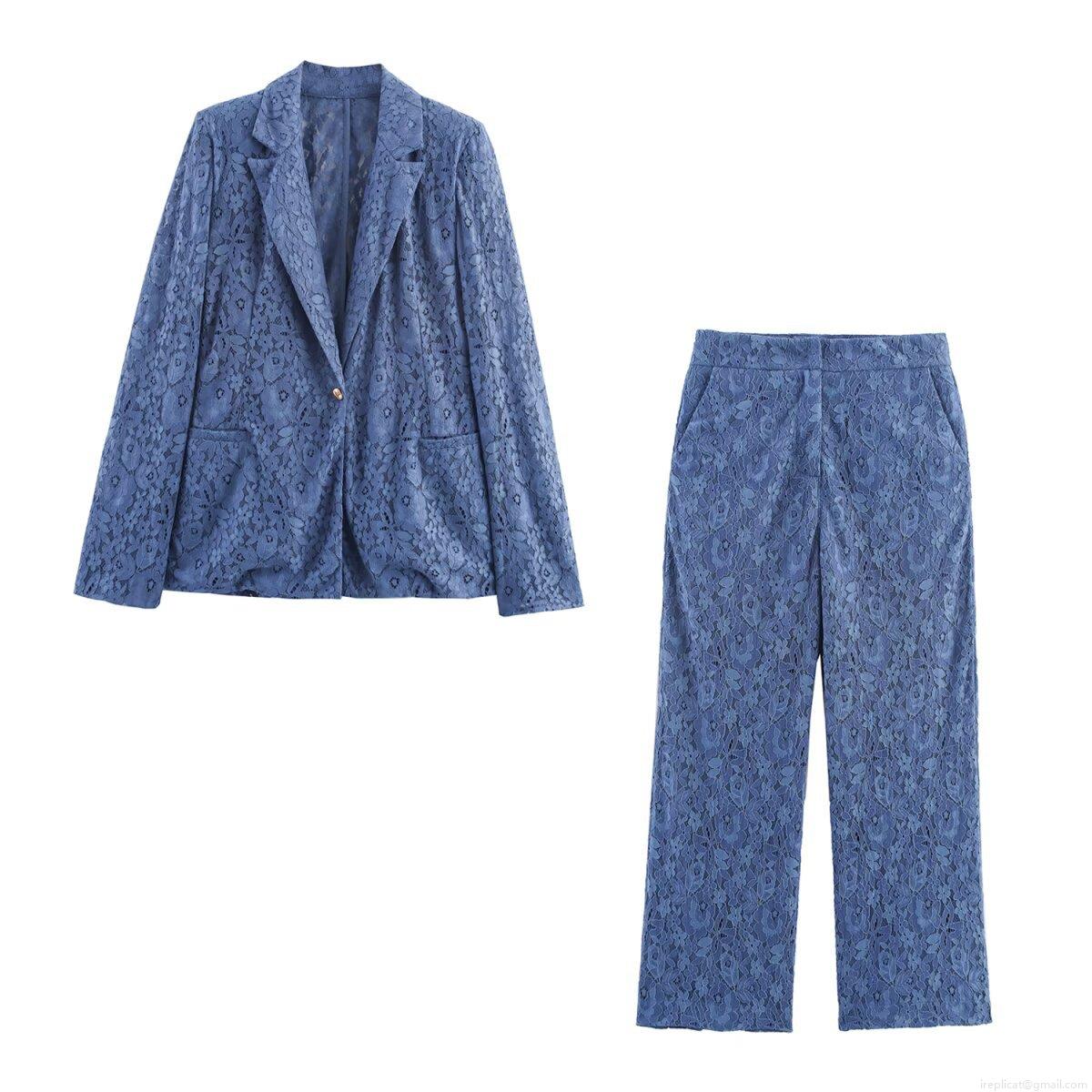 Women Elegant Blue Floral Hollow Lace Blazer Suit Set With Heart Button Long Sleeve Jacket And Matching Wide Leg Pants For Commuter Office Party Women Elegant Blue Floral Hollow Lace Blazer Suit Set With Heart Button Long Sleeve Jacket And Matching Wide Leg Pants For Commuter Office Party