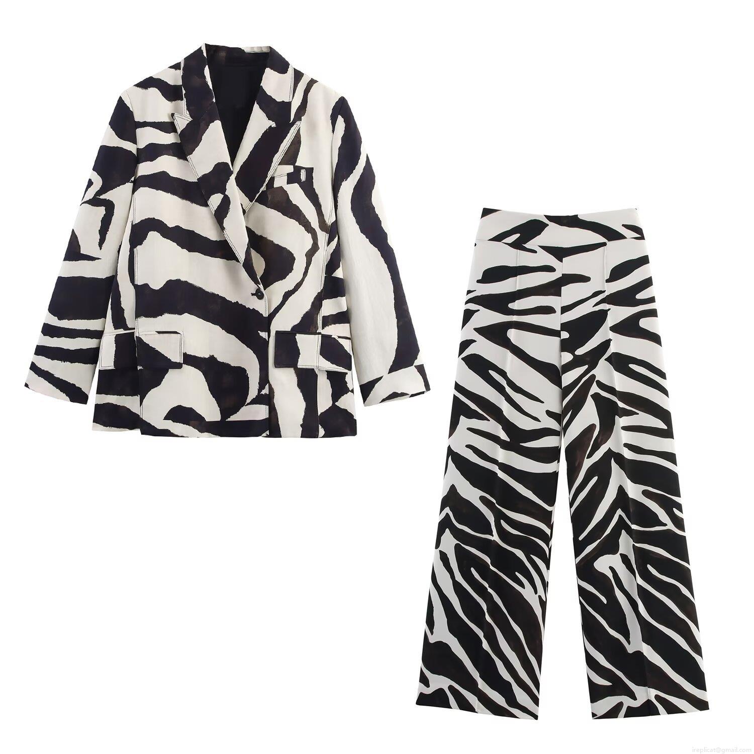 Women\'s Chic Zebra Print Blazer And High Waisted Wide Leg Pants Two Piece Set Casual Office Commuter Outfit Suit Polyester Spandex Animal Print Long Sleeve Lapel Jacket Trouser Set