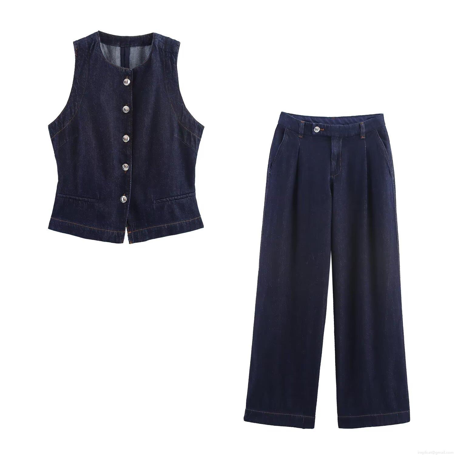 Women's Chic Dark Blue Cotton Blend Denim Two Piece Set Slim Fit Sleeveless Vest Top And High Waist Wide Leg Pants Casual Urban Outfits Women's Chic Dark Blue Cotton Blend Denim Two Piece Set Slim Fit Sleeveless Vest Top And High Waist Wide Leg Pants Casual Urban Outfits