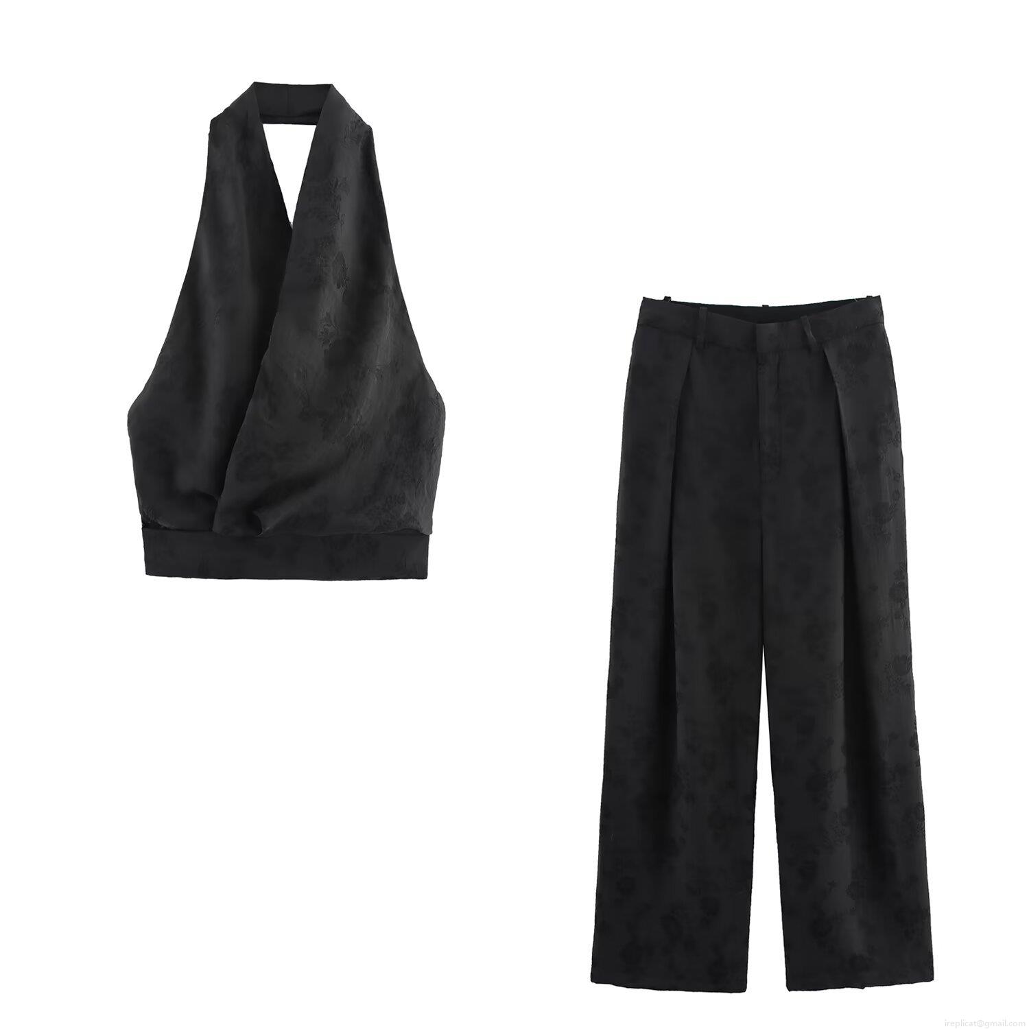 Women Sexy Jacquard Two Piece Set Halter Backless Crop Top And High Waist Wide Leg Pants Polyester Spandex Floral Pattern Elegant Party Outfits Women Sexy Jacquard Two Piece Set Halter Backless Crop Top And High Waist Wide Leg Pants Polyester Spandex Floral Pattern Elegant Party Outfits