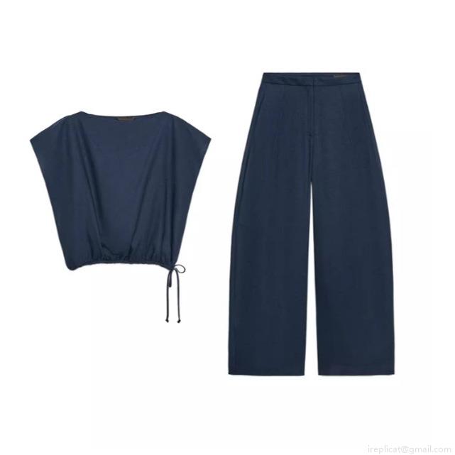 Women Casual Navy Blue Two-Piece Set Cotton Linen Blend Off-Shoulder Drawstring Top And High Waist Wide Leg Pants Fashion Set For Daily Commute Women Casual Navy Blue Two-Piece Set Cotton Linen Blend Off-Shoulder Drawstring Top And High Waist Wide Leg Pants Fashion Set For Daily Commute