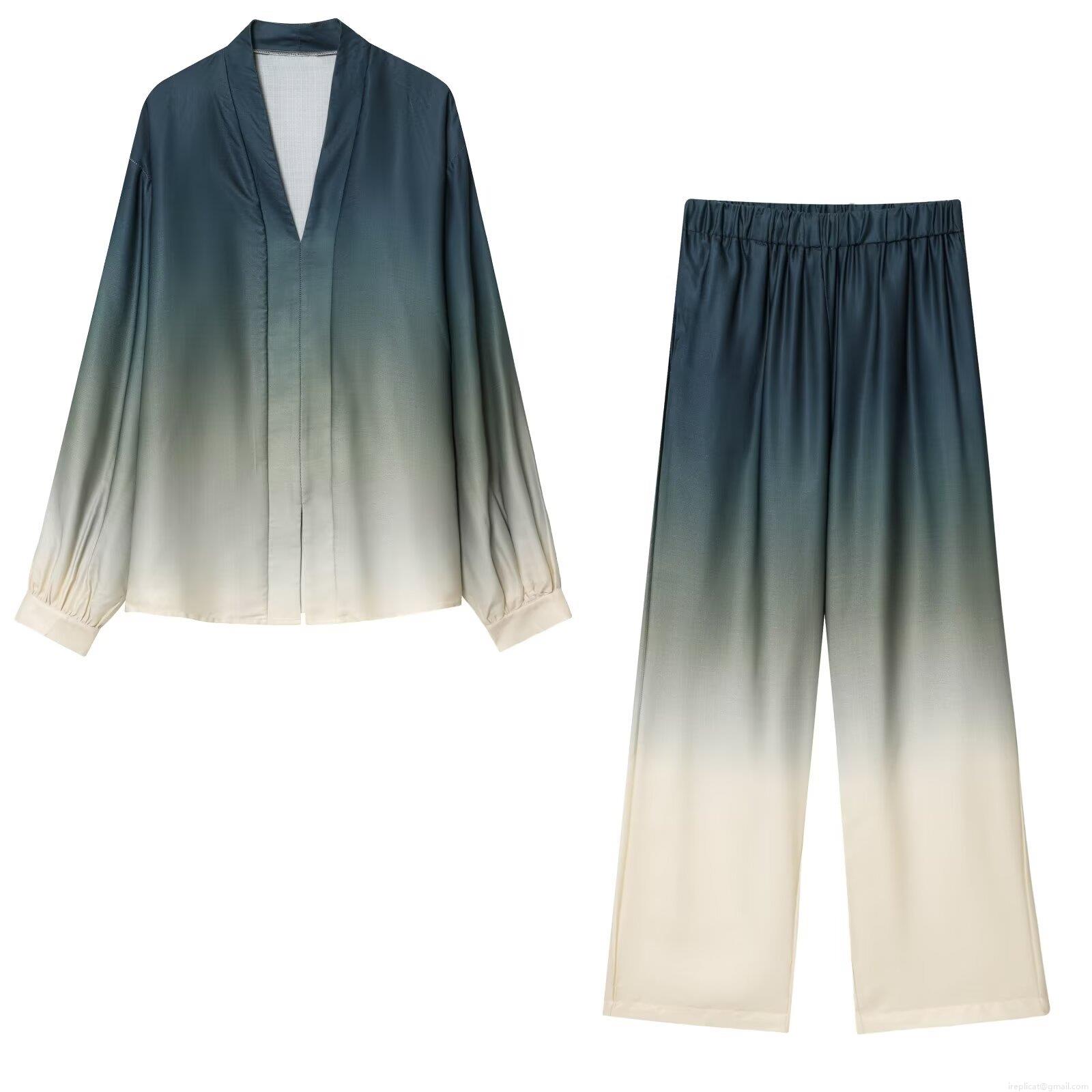 Women's Gradient Print Two-Piece Pants Set Elegant V-Neck Long Sleeve Shirt And Wide Leg Trousers Polyester Spandex Casual Outfits Women's Gradient Print Two-Piece Pants Set Elegant V-Neck Long Sleeve Shirt And Wide Leg Trousers Polyester Spandex Casual Outfits