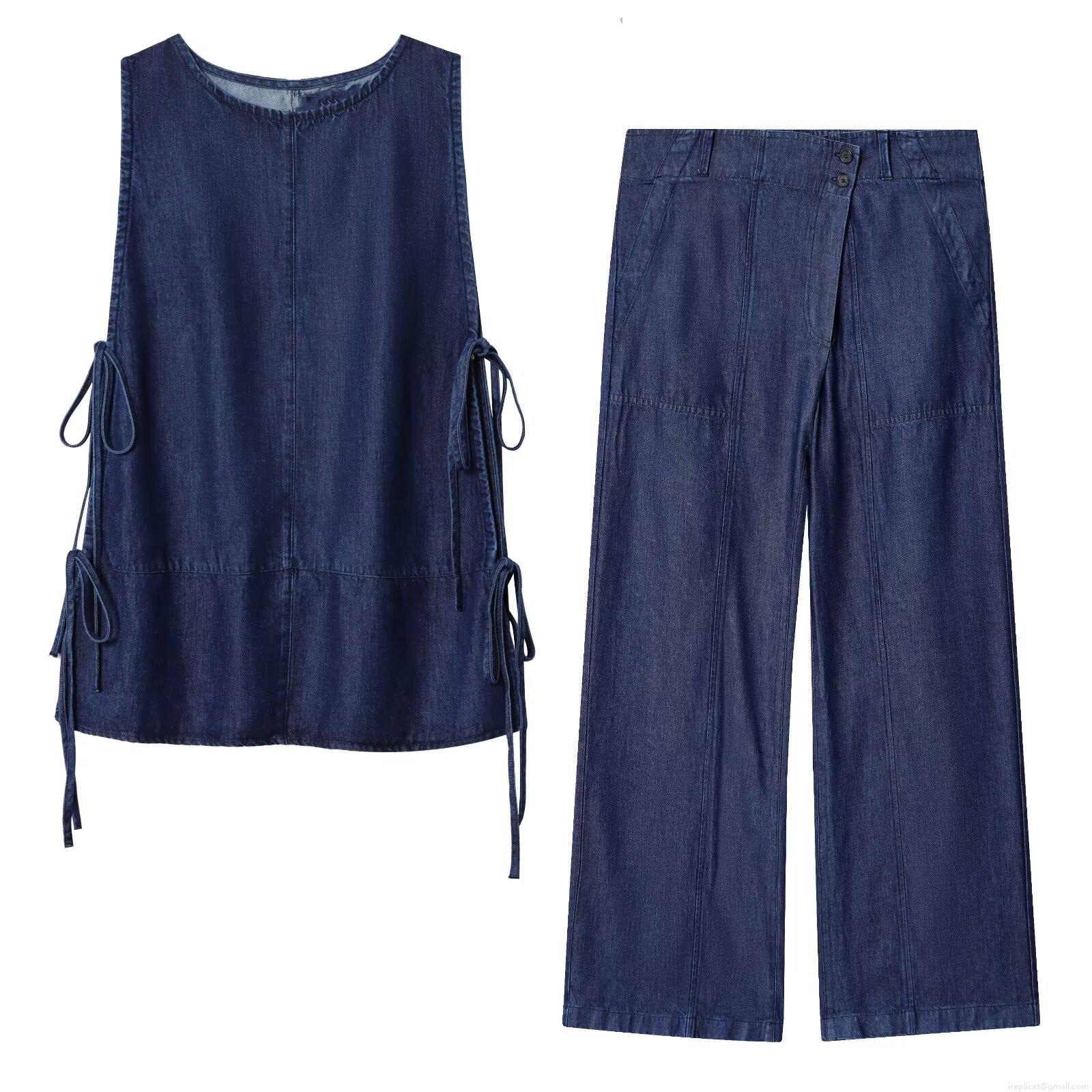 Women Deep Blue Denim Two Piece Set Sleeveless Side Tie Bow Top And High Waist Wide Leg Pants Casual Fashion Streetwear Outfit Women Deep Blue Denim Two Piece Set Sleeveless Side Tie Bow Top And High Waist Wide Leg Pants Casual Fashion Streetwear Outfit