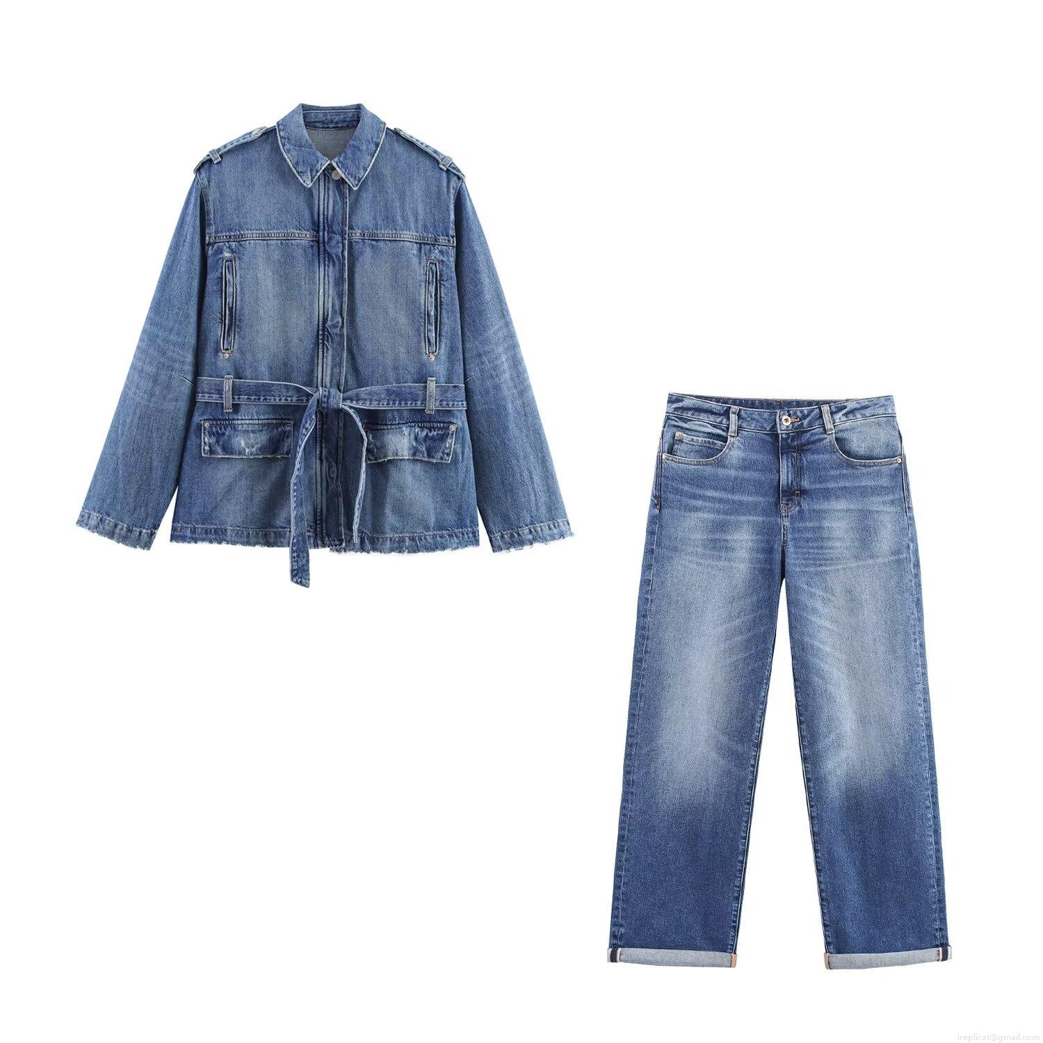 Women's Casual Denim Two Piece Set Washed Long Sleeve Belted Jacket and High Waist Straight Leg Jeans Outfit Set Blue Cotton Blend Autumn Fashion Women's Casual Denim Two Piece Set Washed Long Sleeve Belted Jacket and High Waist Straight Leg Jeans Outfit Set Blue Cotton Blend Autumn Fashion