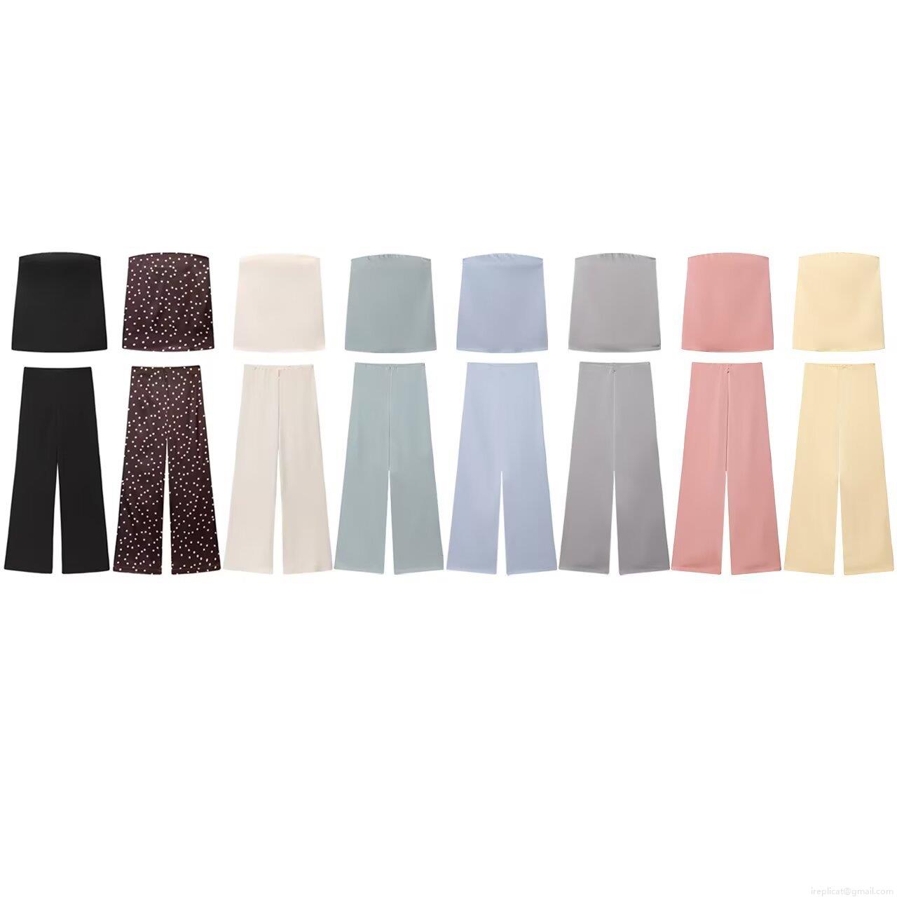 Elegant Women Acetate Satin Strapless Tube Top And High Waist Wide Leg Pants Set Solid Color Polka Dot Two Piece Co-ord Lounge Set For Summer Party Elegant Women Acetate Satin Strapless Tube Top And High Waist Wide Leg Pants Set Solid Color Polka Dot Two Piece Co-ord Lounge Set For Summer Party