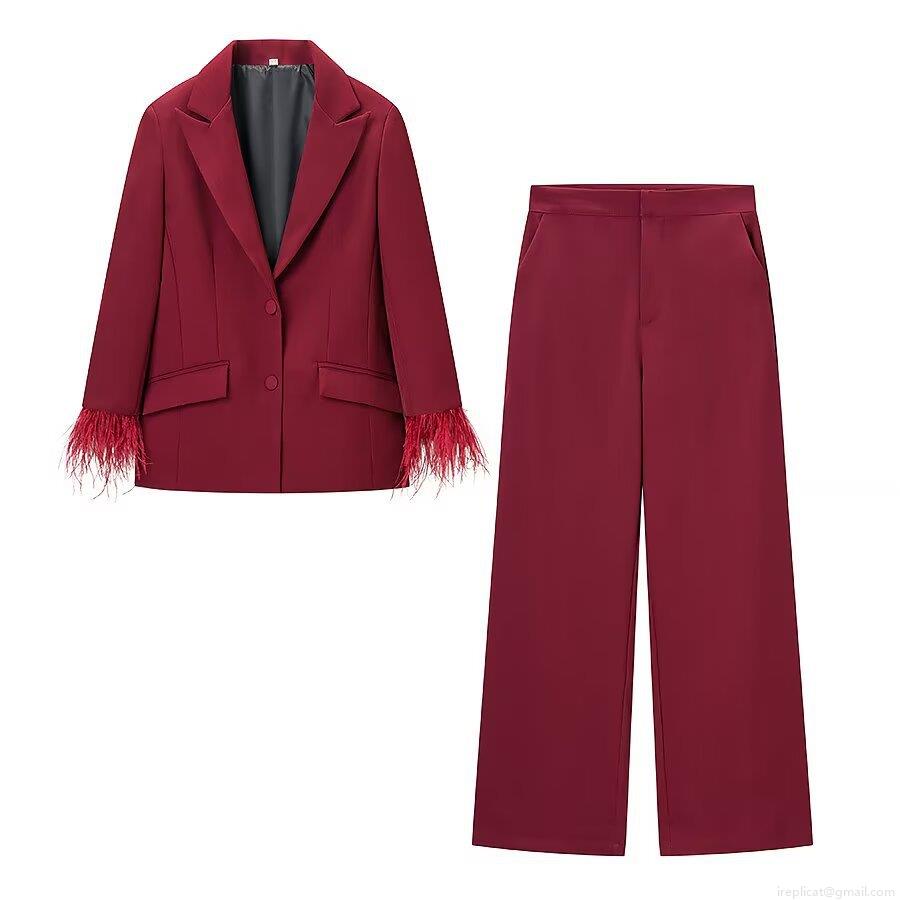 Elegant Women's Wine Red Blazer and Pants Set Polyester Suit With Feather Cuffs Trim Wide Leg Trousers For Party Wedding Formal Event Office Outfit Elegant Women's Wine Red Blazer and Pants Set Polyester Suit With Feather Cuffs Trim Wide Leg Trousers For Party Wedding Formal Event Office Outfit