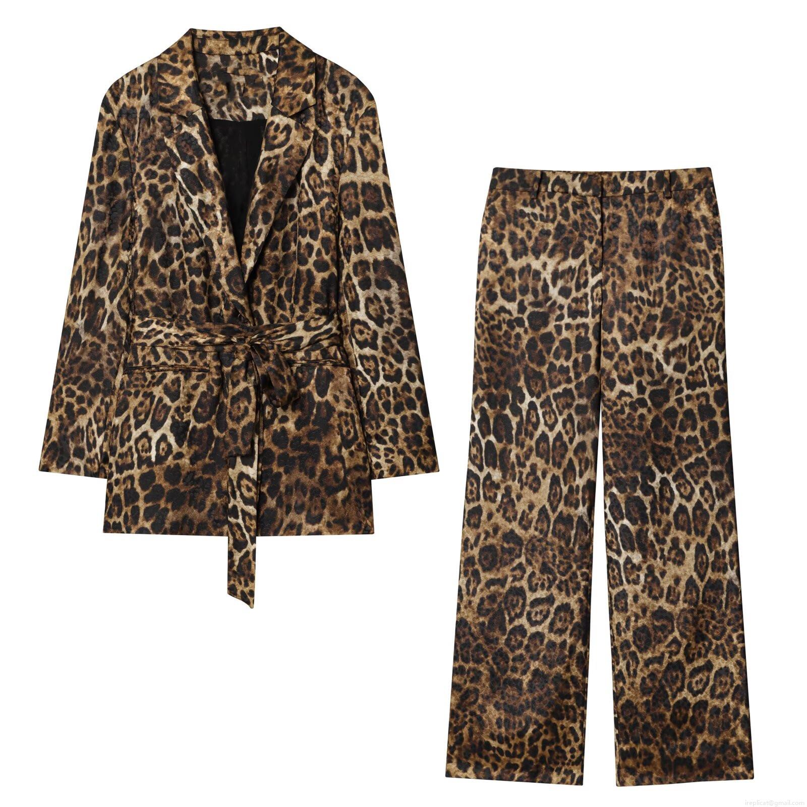 Women's Leopard Print Blazer Set Jacquard Satin Long Sleeve Tie-Waist Jacket and Wide Leg Pants Two-Piece Outfits For Office Party Streetwear Women's Leopard Print Blazer Set Jacquard Satin Long Sleeve Tie-Waist Jacket and Wide Leg Pants Two-Piece Outfits For Office Party Streetwear
