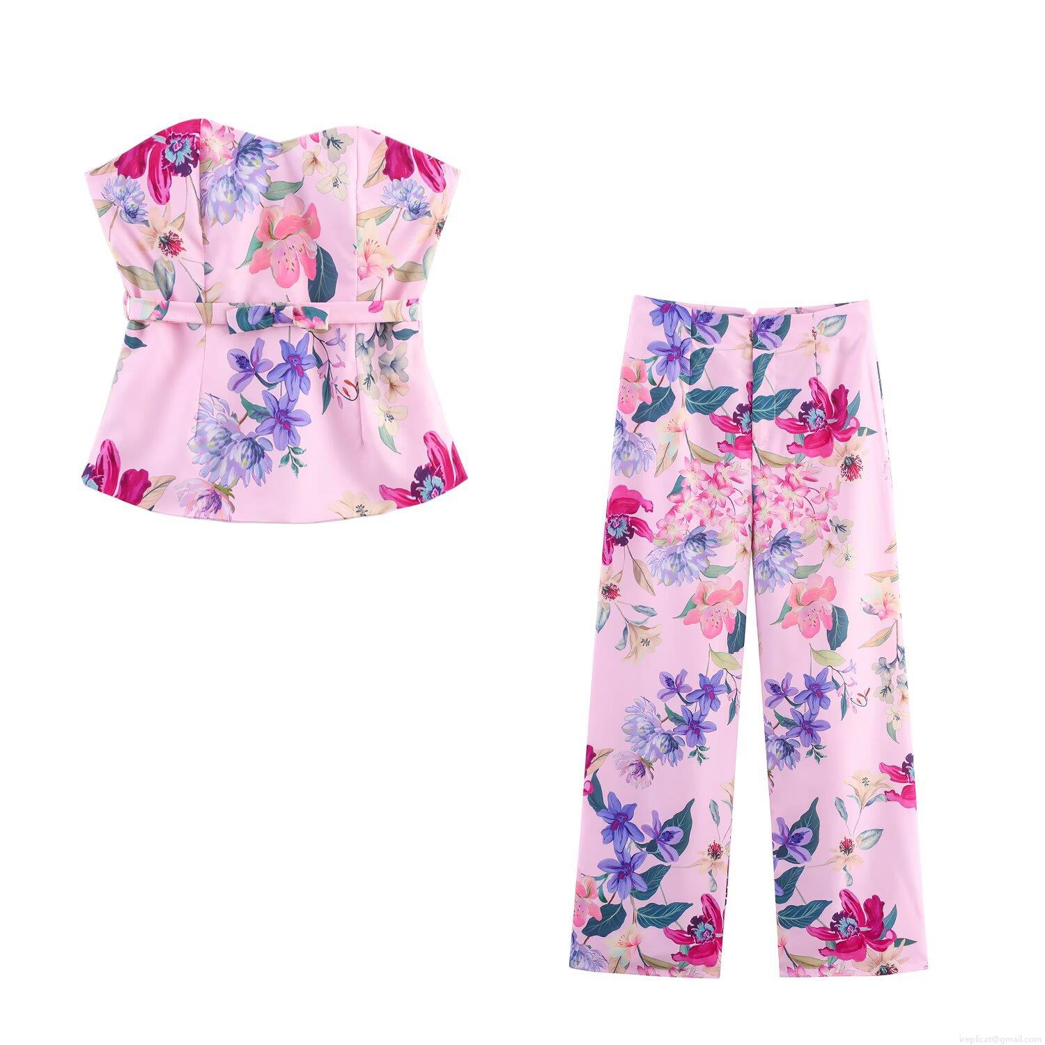 Women's Two-Piece Floral Print Set Sexy Tube Top And High Waist Wide Leg Pants Polyester Spandex Pink Flower Vacation Outfits Women's Two-Piece Floral Print Set Sexy Tube Top And High Waist Wide Leg Pants Polyester Spandex Pink Flower Vacation Outfits