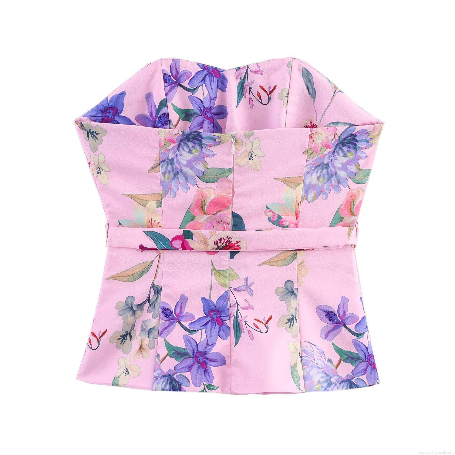 Women\'s Two-Piece Floral Print Set Sexy Tube Top And High Waist Wide Leg Pants Polyester Spandex Pink Flower Vacation Outfits