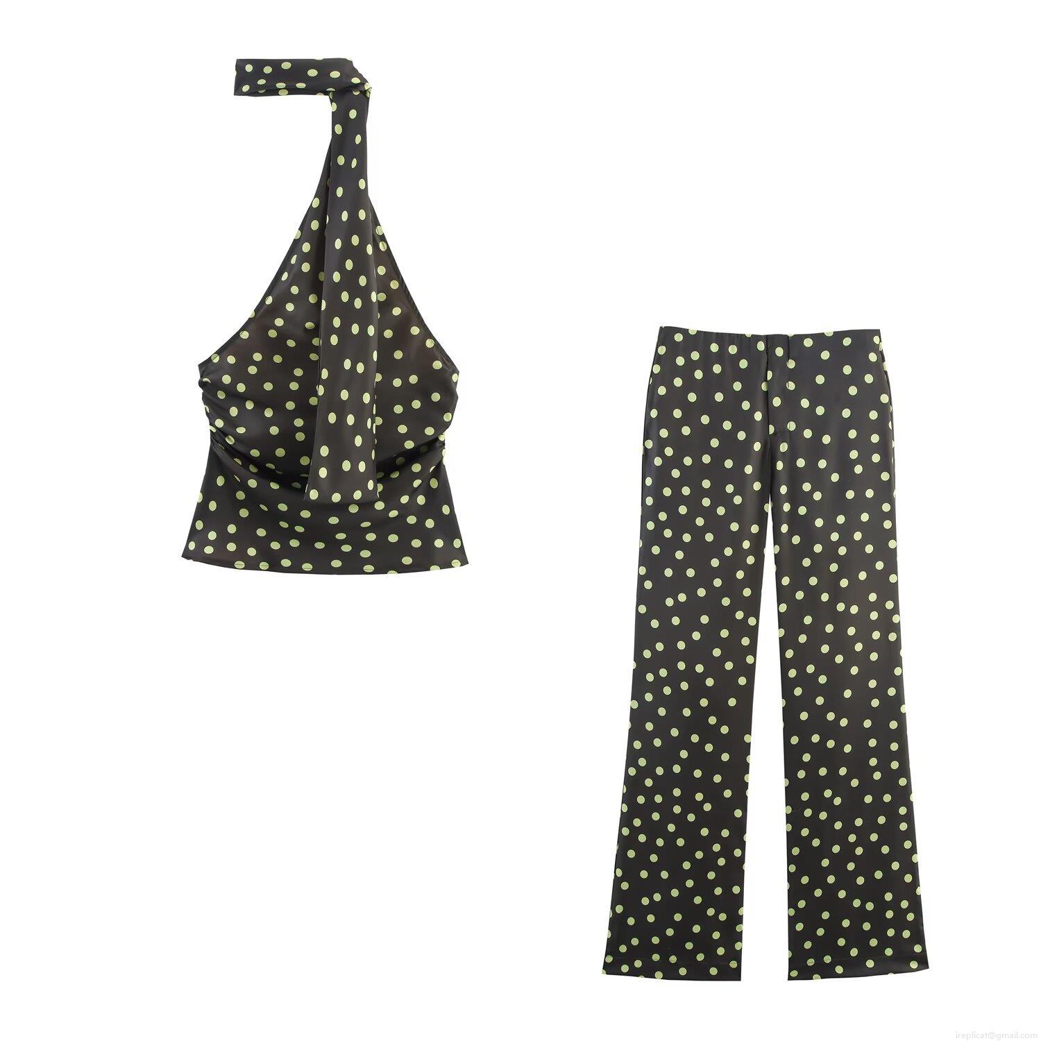 Women's Polka Dot Halter Neck Top And Flared Pants Set Satin Texture Backless Sexy Two Piece Outfits For Daily Party Vacation Chic Summer Autumn Wear Women's Polka Dot Halter Neck Top And Flared Pants Set Satin Texture Backless Sexy Two Piece Outfits For Daily Party Vacation Chic Summer Autumn Wear
