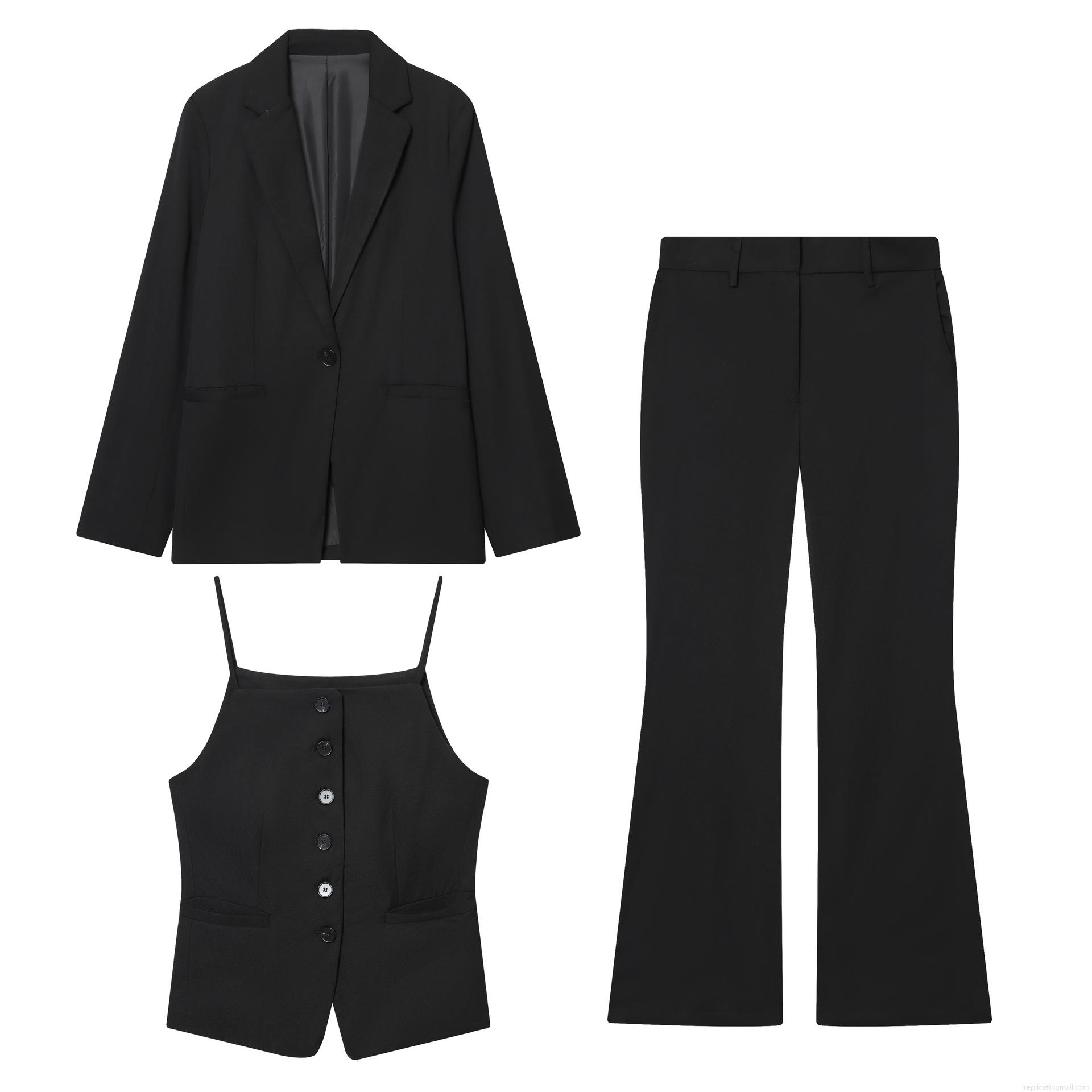 Women's 3-Piece Office Pants Suit Set Polyester Single Breasted Notched Lapel Blazer With Slim Fit Vest And High Waist Micro Flare Trousers For Business Commuting Elegant Solid Color Streetwear Suits Women's 3-Piece Office Pants Suit Set Polyester Single Breasted Notched Lapel Blazer With Slim Fit Vest And High Waist Micro Flare Trousers For Business Commuting Elegant Solid Color Streetwear Suits