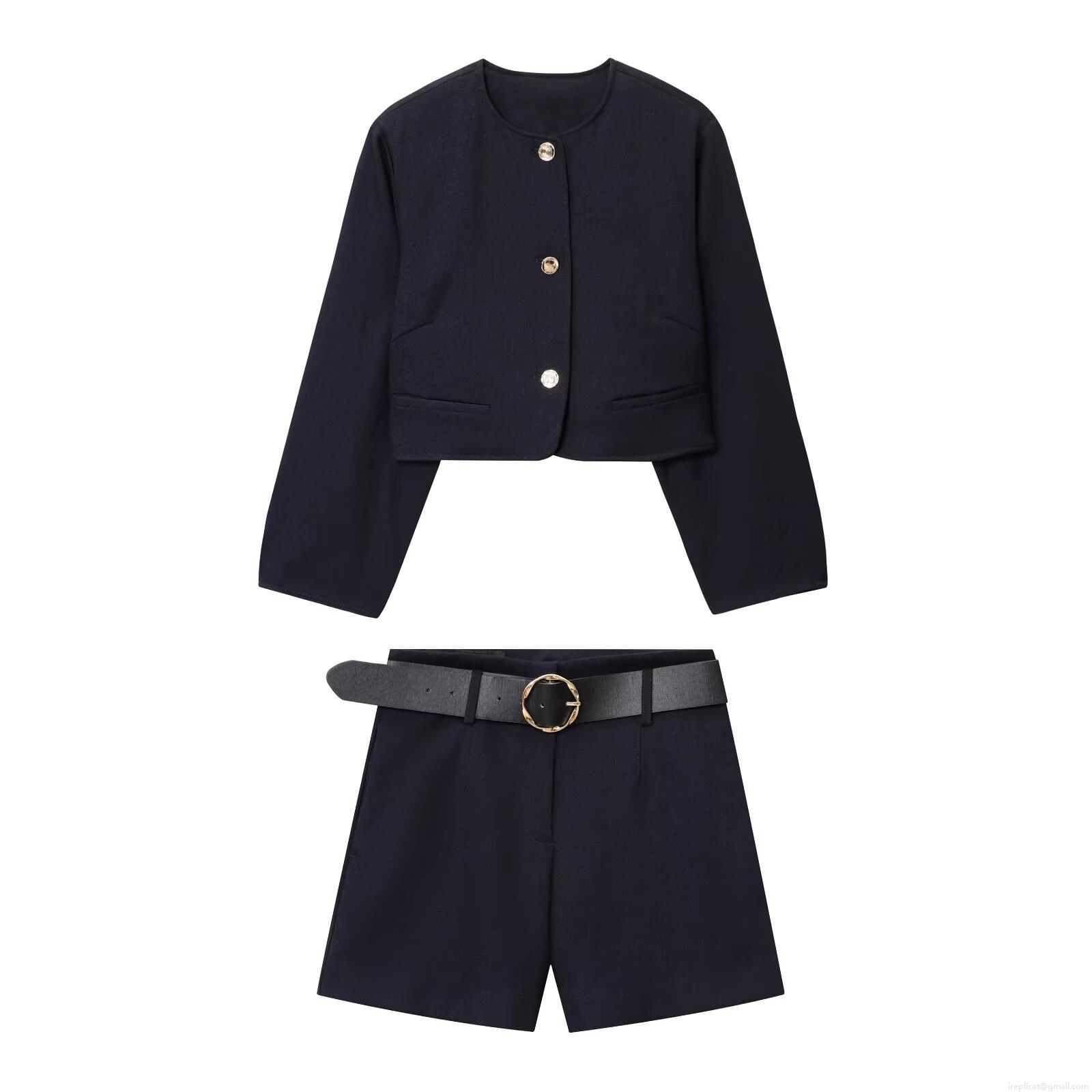 Elegant Women Office Two Piece Set Navy Blue Cropped Round Neck Blazer Jacket With Gold Buttons And Belted Shorts Set Professional Business Casual Twill Suit For Ladies Elegant Women Office Two Piece Set Navy Blue Cropped Round Neck Blazer Jacket With Gold Buttons And Belted Shorts Set Professional Business Casual Twill Suit For Ladies