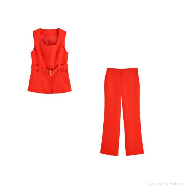Elegant Solid Red Women's Vest Suit Set Square Neck Sleeveless Vest Top With Belt And High Waist Flare Pants Two Piece Commuting Outfit Elegant Solid Red Women's Vest Suit Set Square Neck Sleeveless Vest Top With Belt And High Waist Flare Pants Two Piece Commuting Outfit
