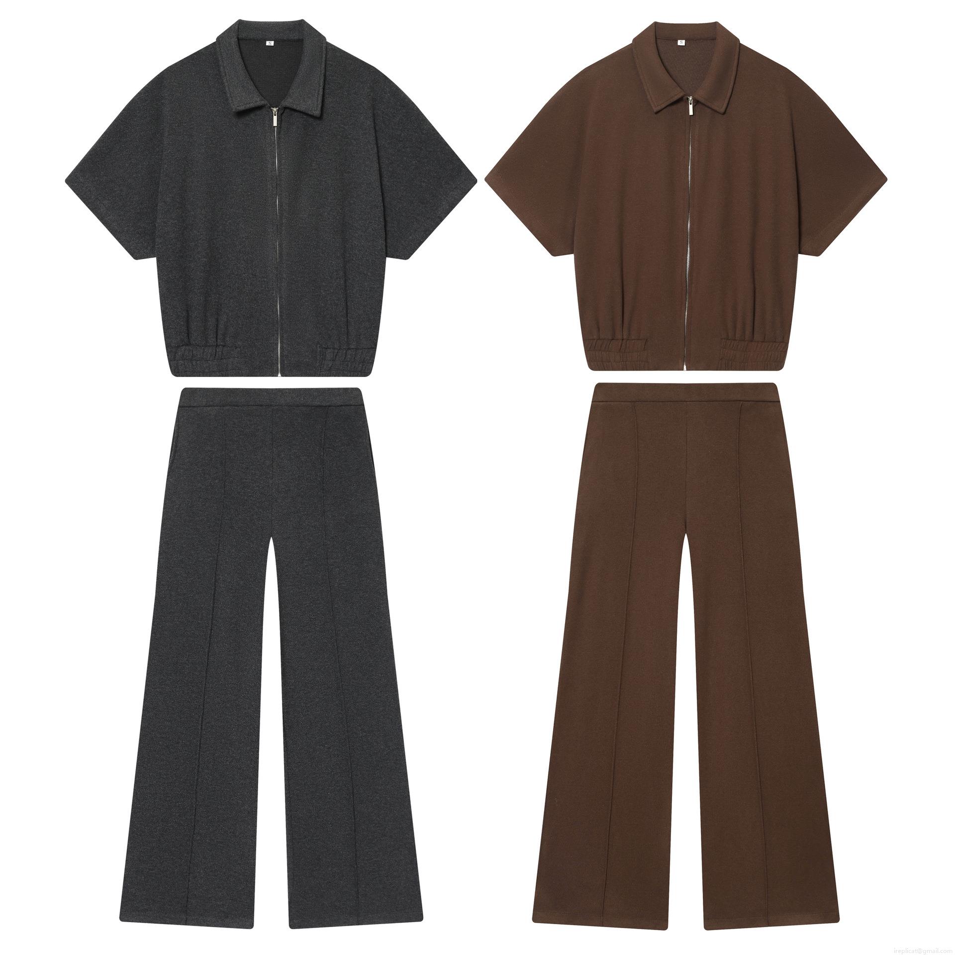 Women's Casual Two Piece Outfits Solid Color Polyester Zip Lapel Short Sleeve Top And Wide Leg Pants Set Streetwear Summer Fashion Clothing For Women Women's Casual Two Piece Outfits Solid Color Polyester Zip Lapel Short Sleeve Top And Wide Leg Pants Set Streetwear Summer Fashion Clothing For Women