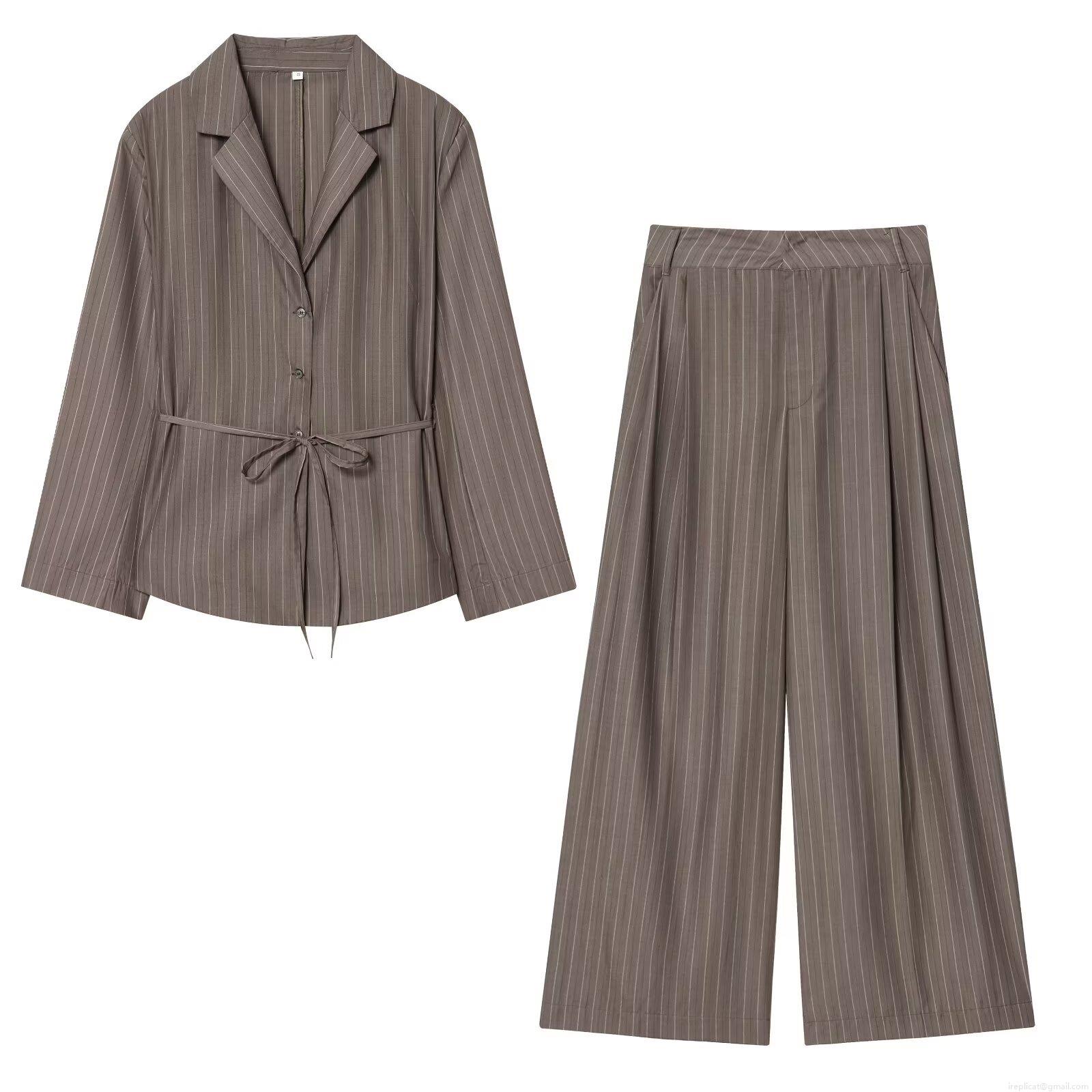 Women's Pinstripe Blazer and Wide Leg Pants Casual Business Suit Long Sleeve Belted Top High Waist Trousers For Office Lady Autumn Streetwear Women's Pinstripe Blazer and Wide Leg Pants Casual Business Suit Long Sleeve Belted Top High Waist Trousers For Office Lady Autumn Streetwear