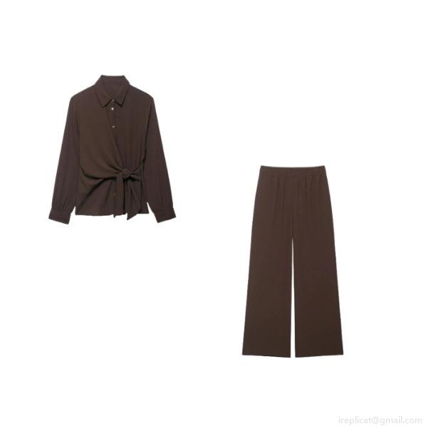 Women's 2-Piece Set Elegant Dark Brown Long Sleeve Tie Front Shirt And High Waist Wide Leg Pants Commuter Office Casual Fall Outfit Women's 2-Piece Set Elegant Dark Brown Long Sleeve Tie Front Shirt And High Waist Wide Leg Pants Commuter Office Casual Fall Outfit
