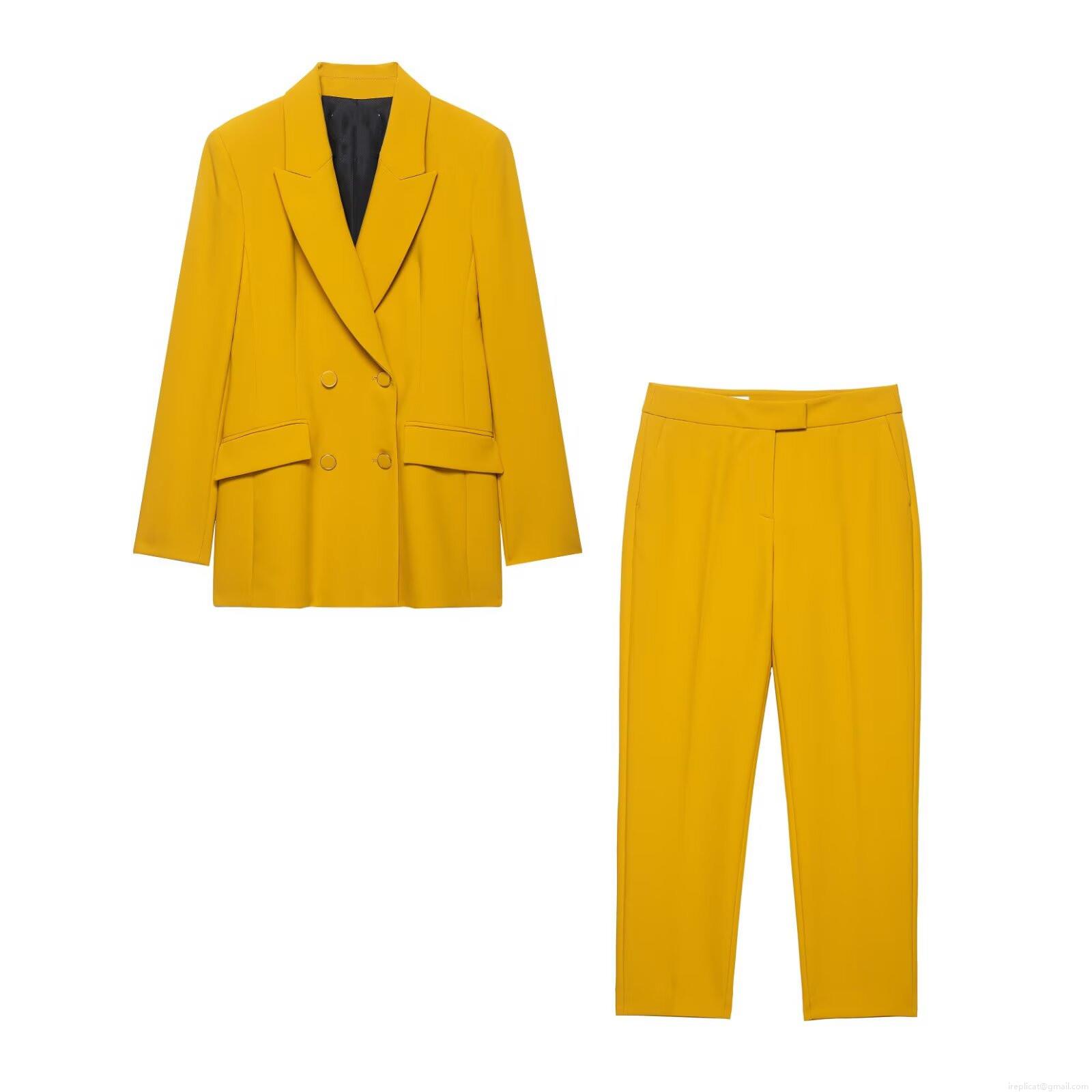 Women's Mustard Yellow Woven Blazer Suit Set Double Breasted Professional Office Jacket And High Waist Straight Leg Pants Two Piece Outfit Women's Mustard Yellow Woven Blazer Suit Set Double Breasted Professional Office Jacket And High Waist Straight Leg Pants Two Piece Outfit