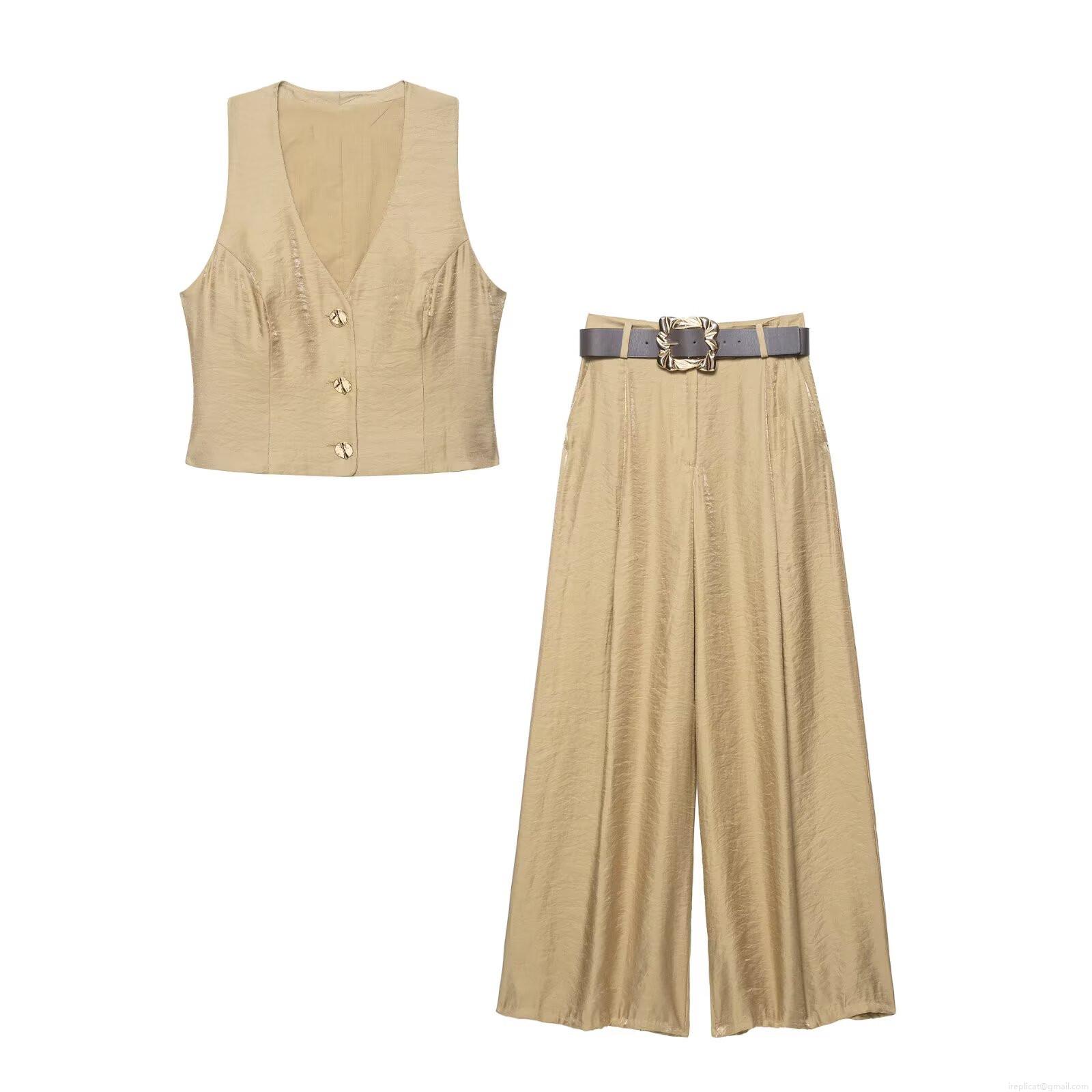 Women's Satin Metallic Luster Casual Two Piece Set V-Neck Sleeveless Vest and Wide Leg Pants With Belt Champagne Gold Elegant Autumn Outfit For Women Women's Satin Metallic Luster Casual Two Piece Set V-Neck Sleeveless Vest and Wide Leg Pants With Belt Champagne Gold Elegant Autumn Outfit For Women