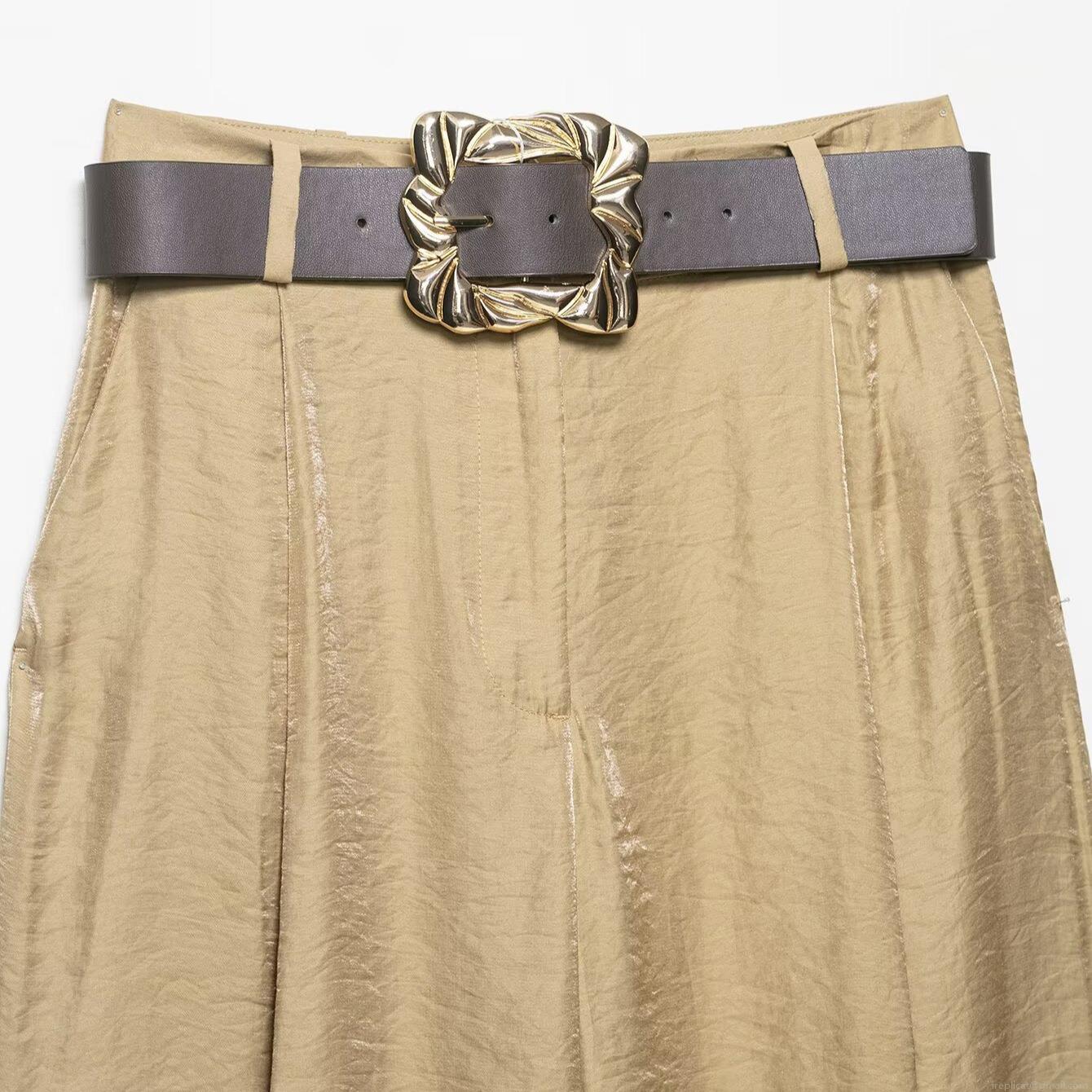 Women\'s Satin Metallic Luster Casual Two Piece Set V-Neck Sleeveless Vest and Wide Leg Pants With Belt Champagne Gold Elegant Autumn Outfit For Women