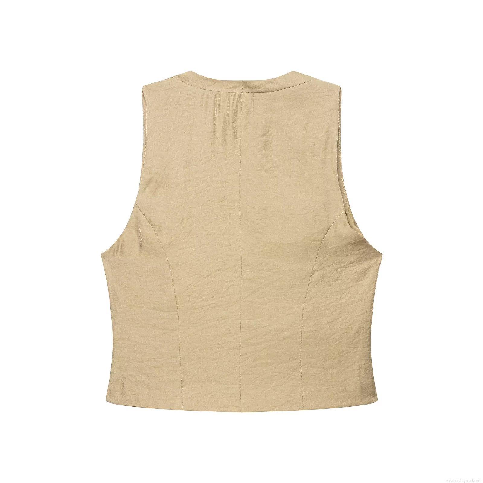 Women\'s Satin Metallic Luster Casual Two Piece Set V-Neck Sleeveless Vest and Wide Leg Pants With Belt Champagne Gold Elegant Autumn Outfit For Women