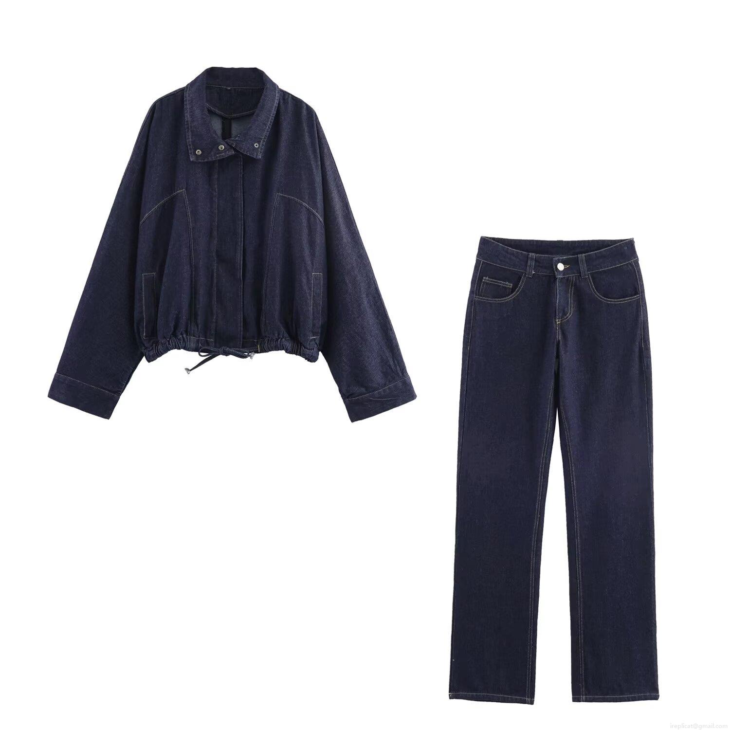 Women's Denim Two Piece Set Deep Blue Cotton Blend Long Sleeve Jacket With Wide Leg Jeans Retro Casual Autumn Streetwear Outfits For Women Women's Denim Two Piece Set Deep Blue Cotton Blend Long Sleeve Jacket With Wide Leg Jeans Retro Casual Autumn Streetwear Outfits For Women