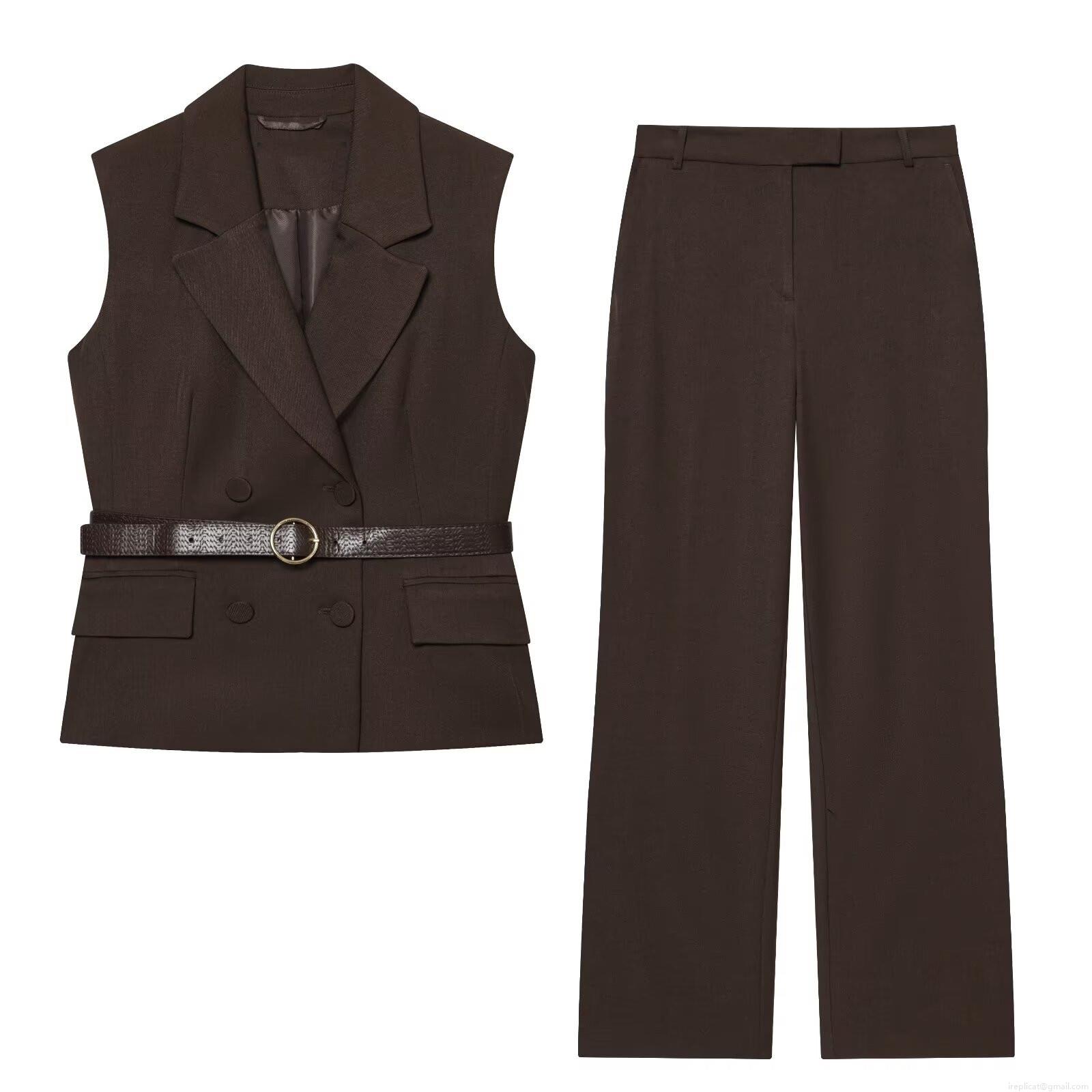 Women's Elegant Two-Piece Suit Set Sleeveless Double-Breasted Vest and High-Waist Wide-Leg Pants With Belt Polyester Spandex Outfit for Office Commuter Autumn Women's Elegant Two-Piece Suit Set Sleeveless Double-Breasted Vest and High-Waist Wide-Leg Pants With Belt Polyester Spandex Outfit for Office Commuter Autumn