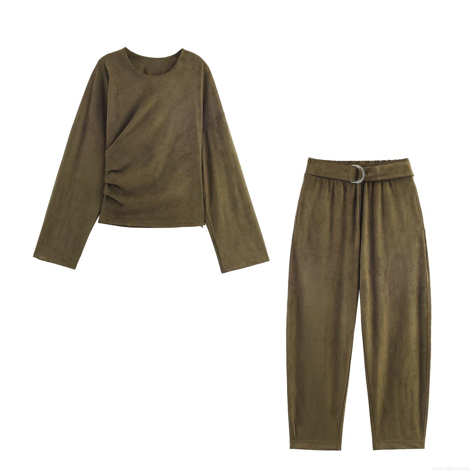 Women Faux Suede Two Piece Set Round Neck Pleated Long Sleeve Top And Tapered Pants With Belt Casual Solid Color Autumn Winter Outfit Women Faux Suede Two Piece Set Round Neck Pleated Long Sleeve Top And Tapered Pants With Belt Casual Solid Color Autumn Winter Outfit