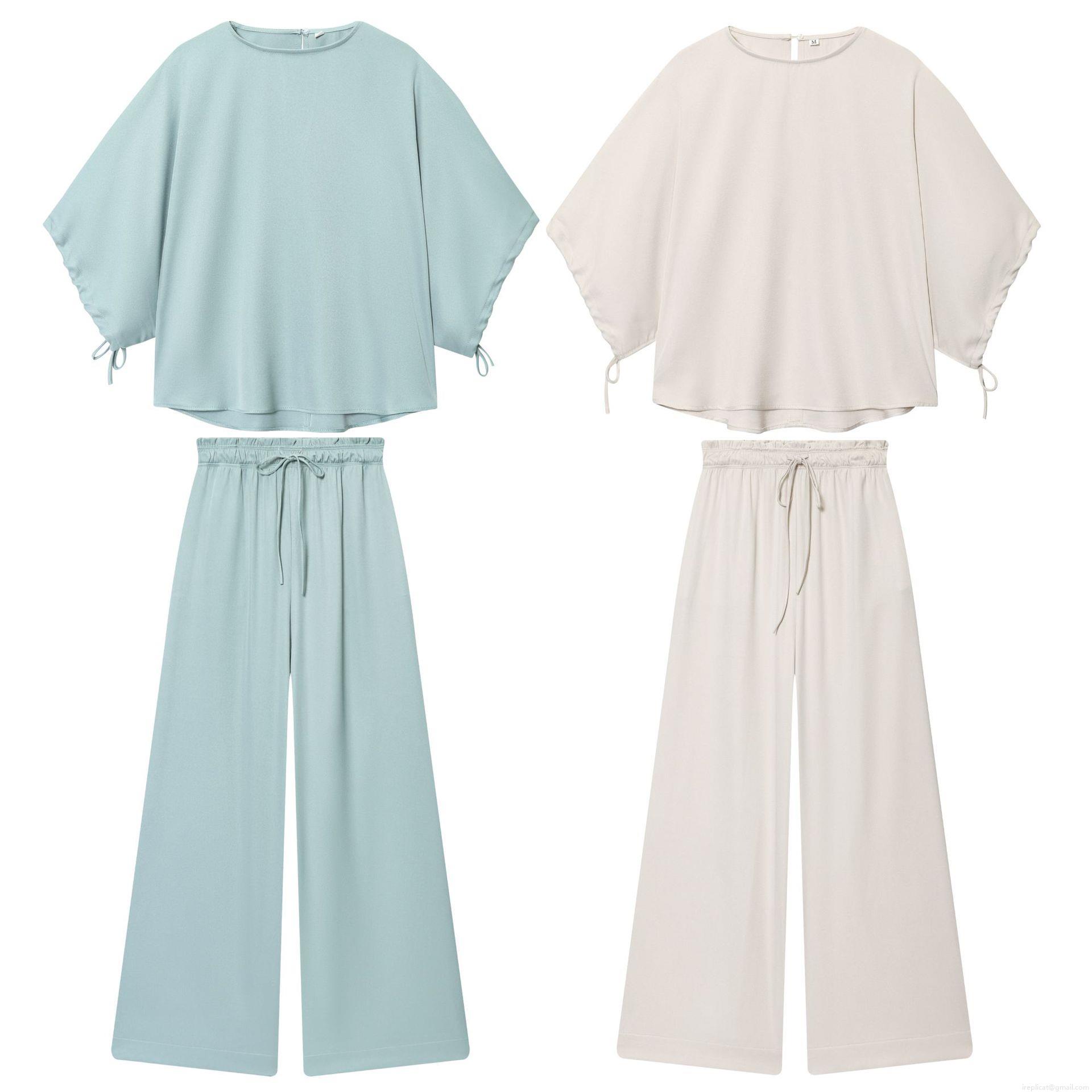 Women Casual Polyester Two-Piece Set Puff Sleeve Round Neck Top And High Waist Wide Leg Drawstring Pants Lounge Wear Solid Color Comfortable Streetwear Outfits Women Casual Polyester Two-Piece Set Puff Sleeve Round Neck Top And High Waist Wide Leg Drawstring Pants Lounge Wear Solid Color Comfortable Streetwear Outfits