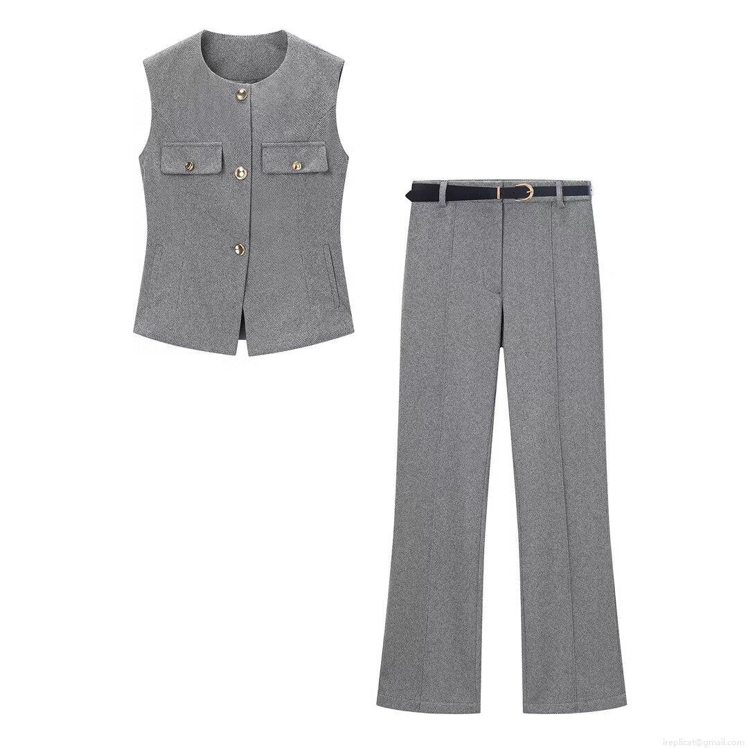 Women's 2 Piece Herringbone Vest and Pants Set Sleeveless Waistcoat With Gold Buttons And Straight Leg Trousers Office Lady Business Casual Workwear Elegant Slim Fit Grey Suit With Belt Women's 2 Piece Herringbone Vest and Pants Set Sleeveless Waistcoat With Gold Buttons And Straight Leg Trousers Office Lady Business Casual Workwear Elegant Slim Fit Grey Suit With Belt