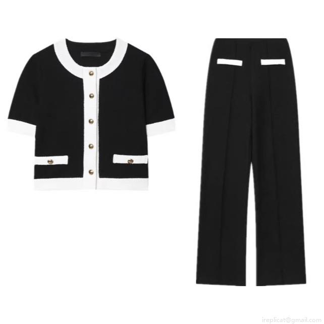 Women's Contrast Color Knit Two-Piece Set Elegant Short Sleeve Tweed Cardigan With Wide Leg High Waist Pants Classic Business Party Office Outfit Women's Contrast Color Knit Two-Piece Set Elegant Short Sleeve Tweed Cardigan With Wide Leg High Waist Pants Classic Business Party Office Outfit