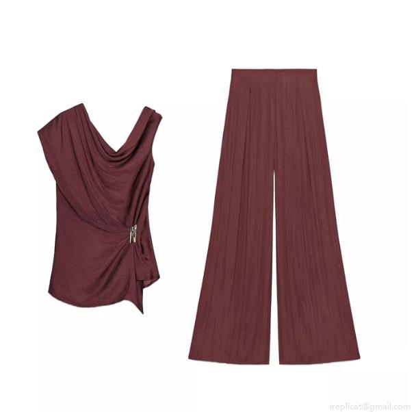 Women's Elegant Wine Red Two Piece Outfits Draped Off Shoulder Sleeveless Top and High Waist Wide Leg Pants Set Solid Color Casual Commuter Pantsuit Women's Elegant Wine Red Two Piece Outfits Draped Off Shoulder Sleeveless Top and High Waist Wide Leg Pants Set Solid Color Casual Commuter Pantsuit