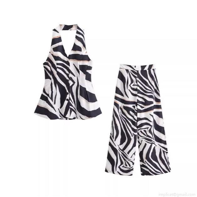 Sexy Zebra Print Halter Vest And Wide Leg Pants Set Women Fashion Sleeveless Button Up Top High Waist Loose Trousers Polyester Spandex Blend Chic Streetwear 2 Piece Co-ords Sexy Zebra Print Halter Vest And Wide Leg Pants Set Women Fashion Sleeveless Button Up Top High Waist Loose Trousers Polyester Spandex Blend Chic Streetwear 2 Piece Co-ords