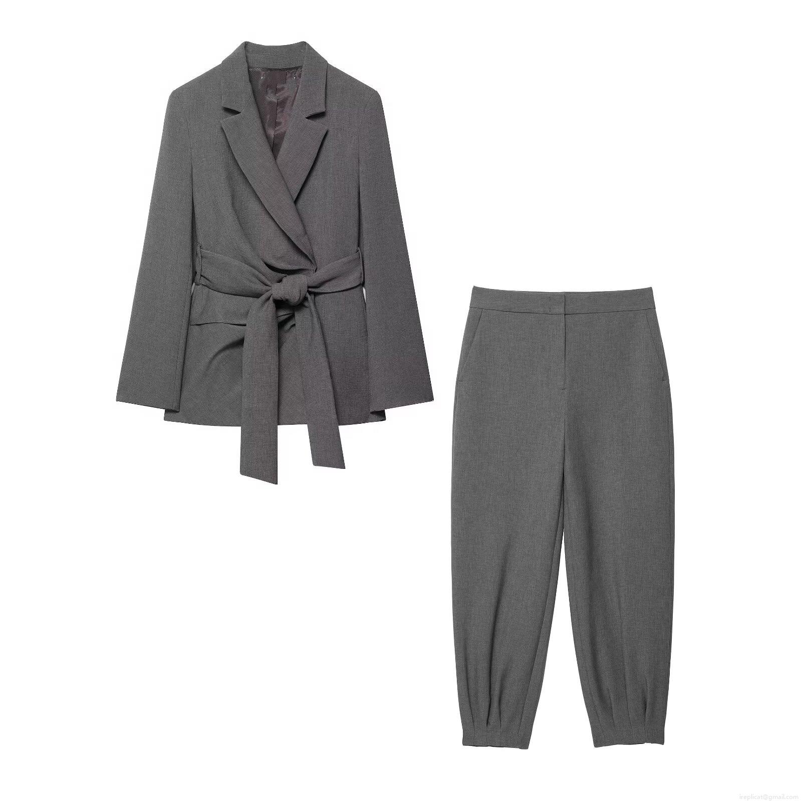 Elegant Women's Commuter Business Suit Set Polyester Belted Blazer Jacket and Matching Trousers Office Lady Formal Two Piece Outfits