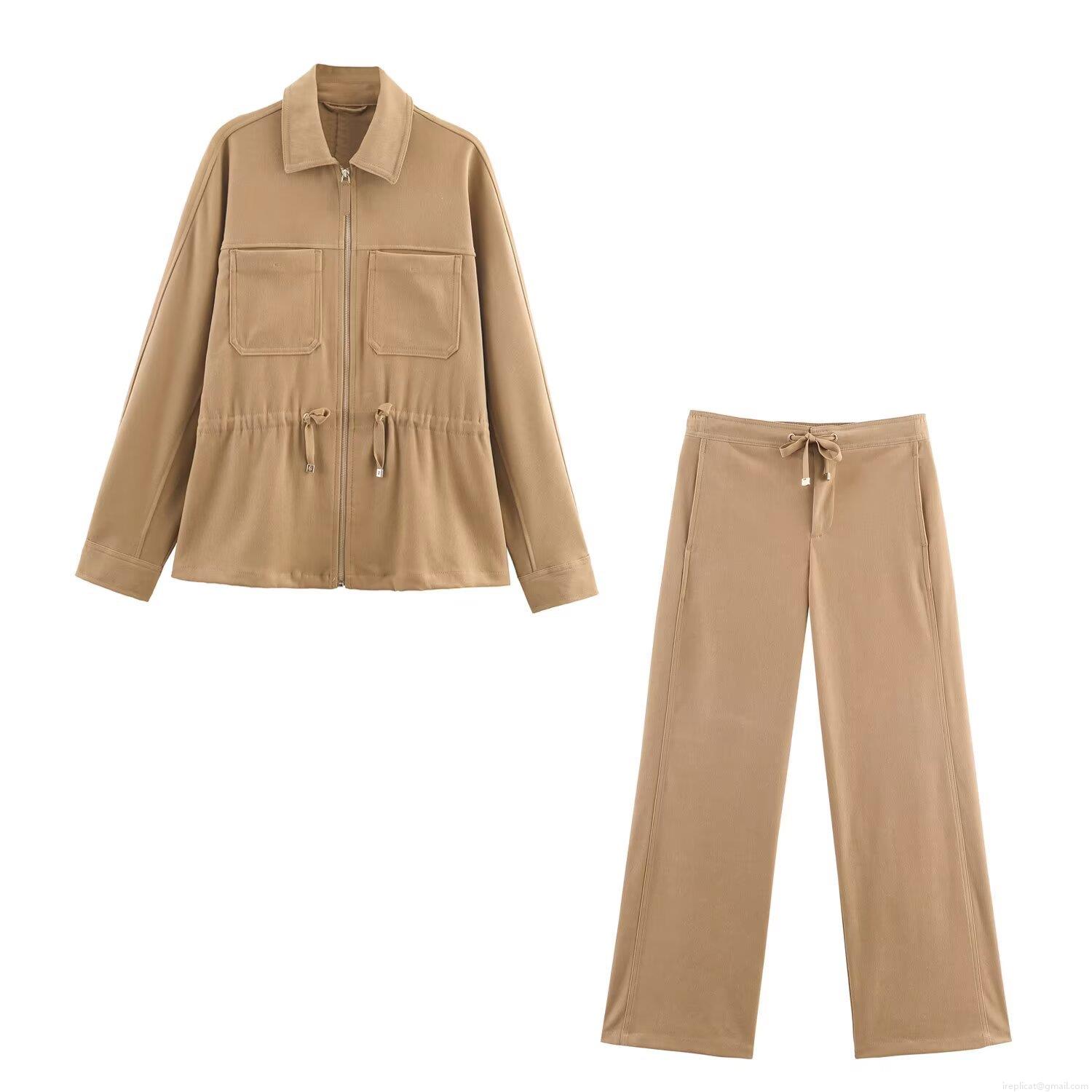 Women's Casual 2 Piece Set Brushed Twill Zipper Lapel Jacket And High Waist Wide Leg Pants Solid Color Khaki Milk White Autumn Loungewear Outfits Women's Casual 2 Piece Set Brushed Twill Zipper Lapel Jacket And High Waist Wide Leg Pants Solid Color Khaki Milk White Autumn Loungewear Outfits