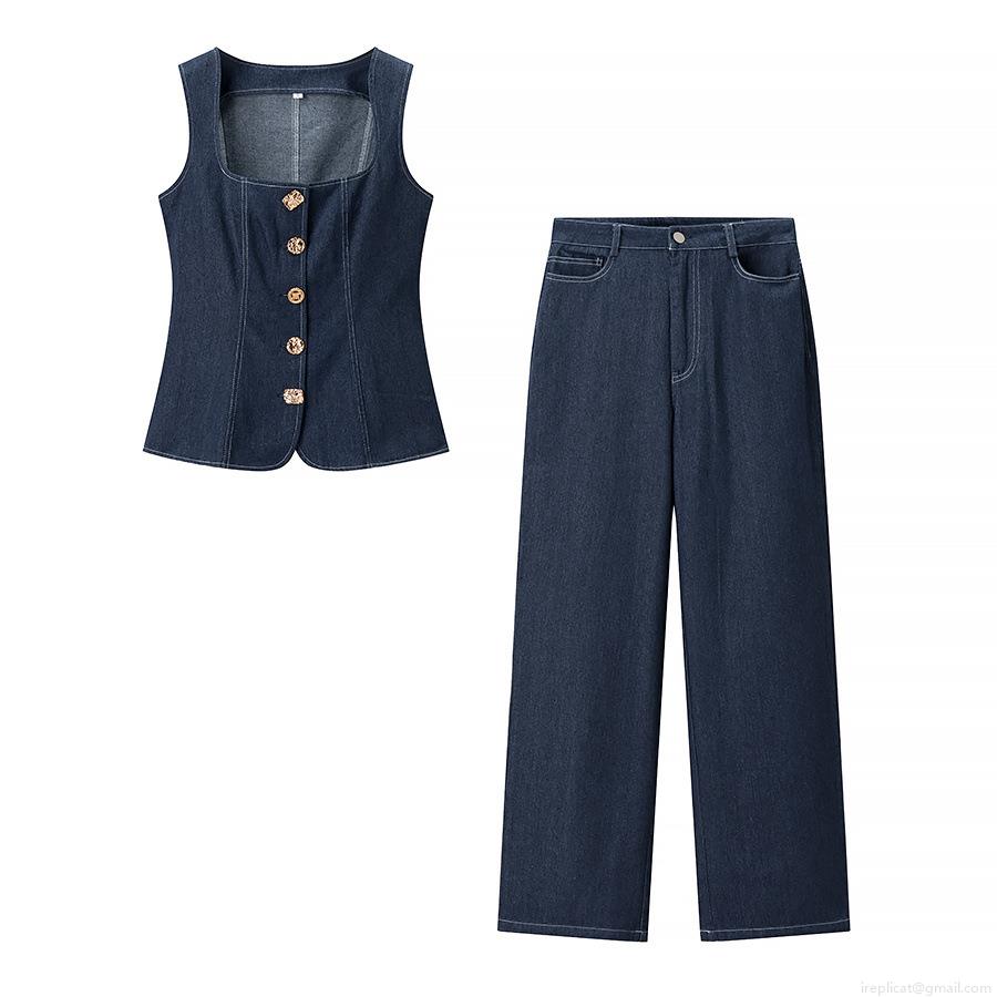 Women's Fashion Denim Two Piece Set Casual Dark Blue Square Neck Button Vest Top And High Waist Wide Leg Straight Trousers Elegant Outfits For Daily Commute Women's Fashion Denim Two Piece Set Casual Dark Blue Square Neck Button Vest Top And High Waist Wide Leg Straight Trousers Elegant Outfits For Daily Commute