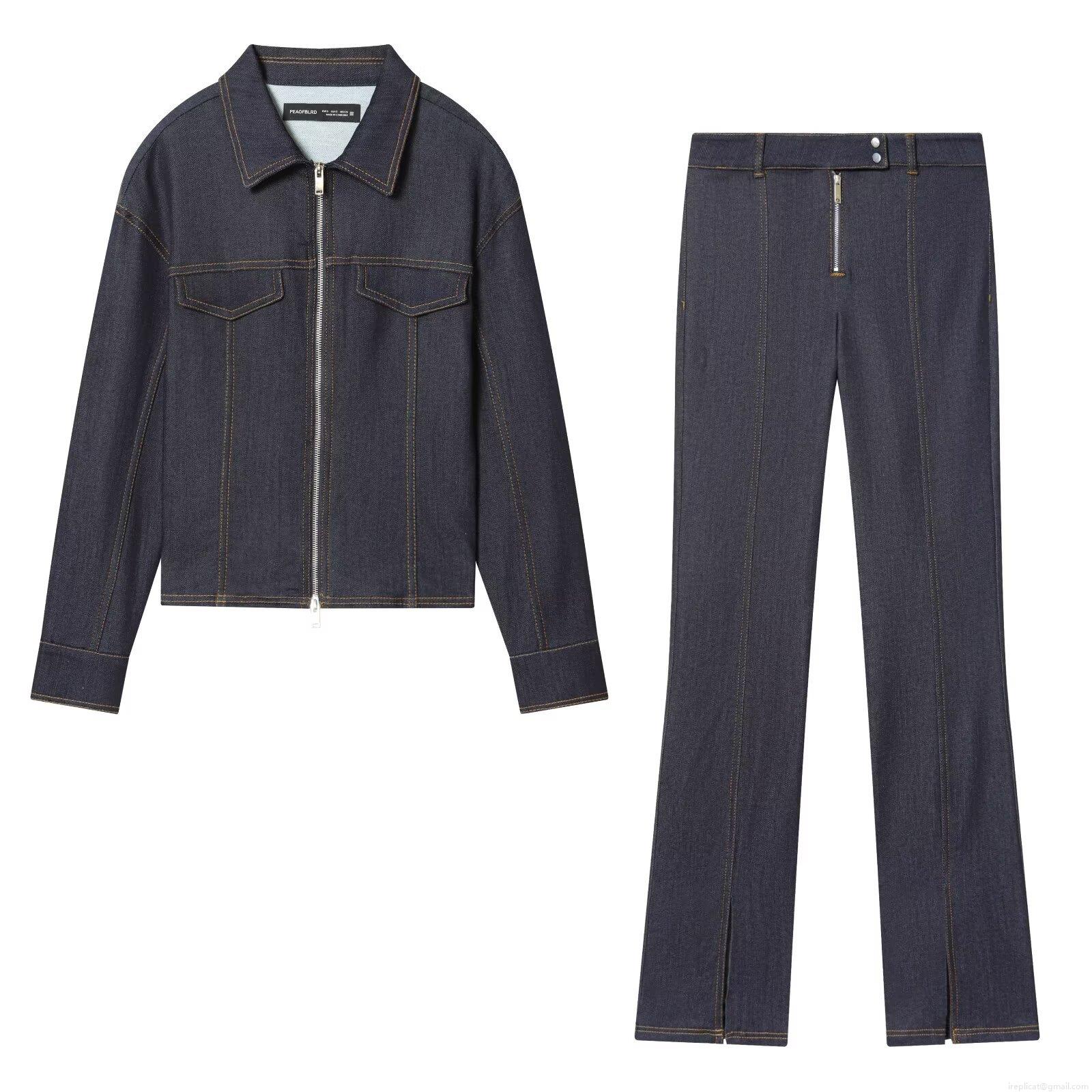 Women\'s Slim Denim Look Two-Piece Set Deep Blue Short Lapel Zipper Jacket And High Waist Front Slit Straight Leg Jeans Contrast Stitching Street Style Polyester Outfit For Women