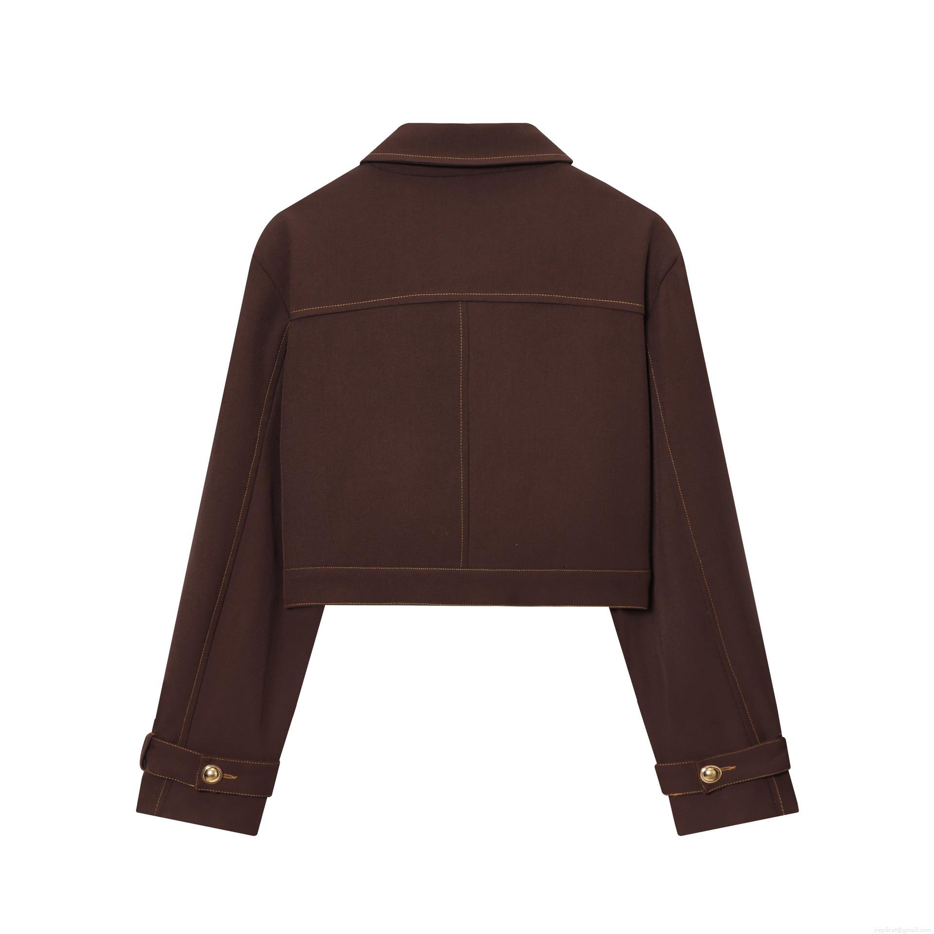 Women\'s Two Piece Set Contrast Stitching Cropped Jacket And Flare Pants Streetwear Outfit Polyester Dark Brown Casual Suits For Ladies