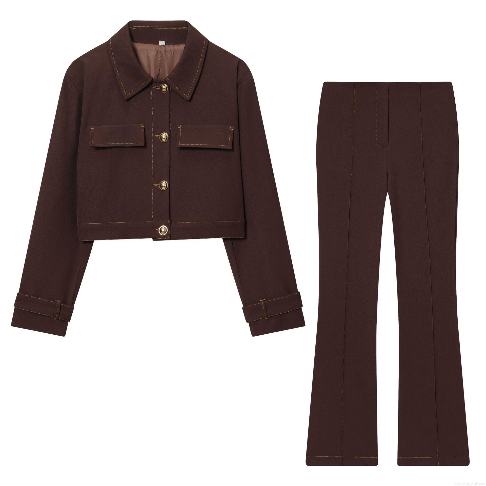 Women\'s Two Piece Set Contrast Stitching Cropped Jacket And Flare Pants Streetwear Outfit Polyester Dark Brown Casual Suits For Ladies