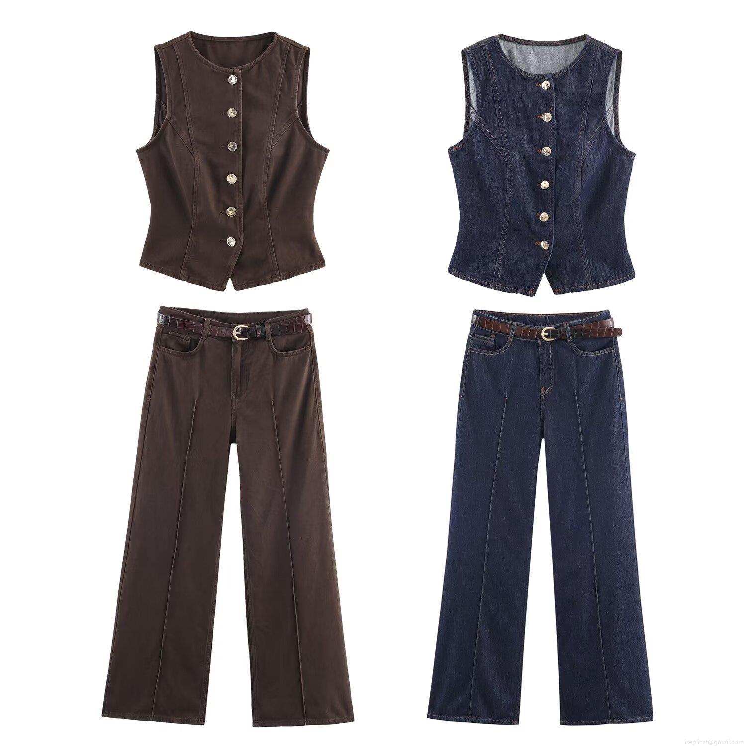 Women Retro Denim Vest and Wide Leg Pants Set Vintage Sleeveless Waistcoat High Waist Straight Trousers With Croc Embossed Belt Casual Autumn 2 Piece Outfit Women Retro Denim Vest and Wide Leg Pants Set Vintage Sleeveless Waistcoat High Waist Straight Trousers With Croc Embossed Belt Casual Autumn 2 Piece Outfit