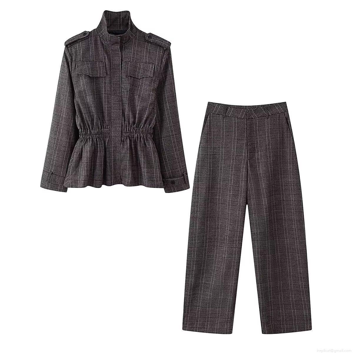 Women's Fashion Plaid Two-Piece Suit Set Long Sleeve Stand Collar Peplum Hem Jacket And Wide Leg Pants Casual Streetwear Outfits Women's Fashion Plaid Two-Piece Suit Set Long Sleeve Stand Collar Peplum Hem Jacket And Wide Leg Pants Casual Streetwear Outfits