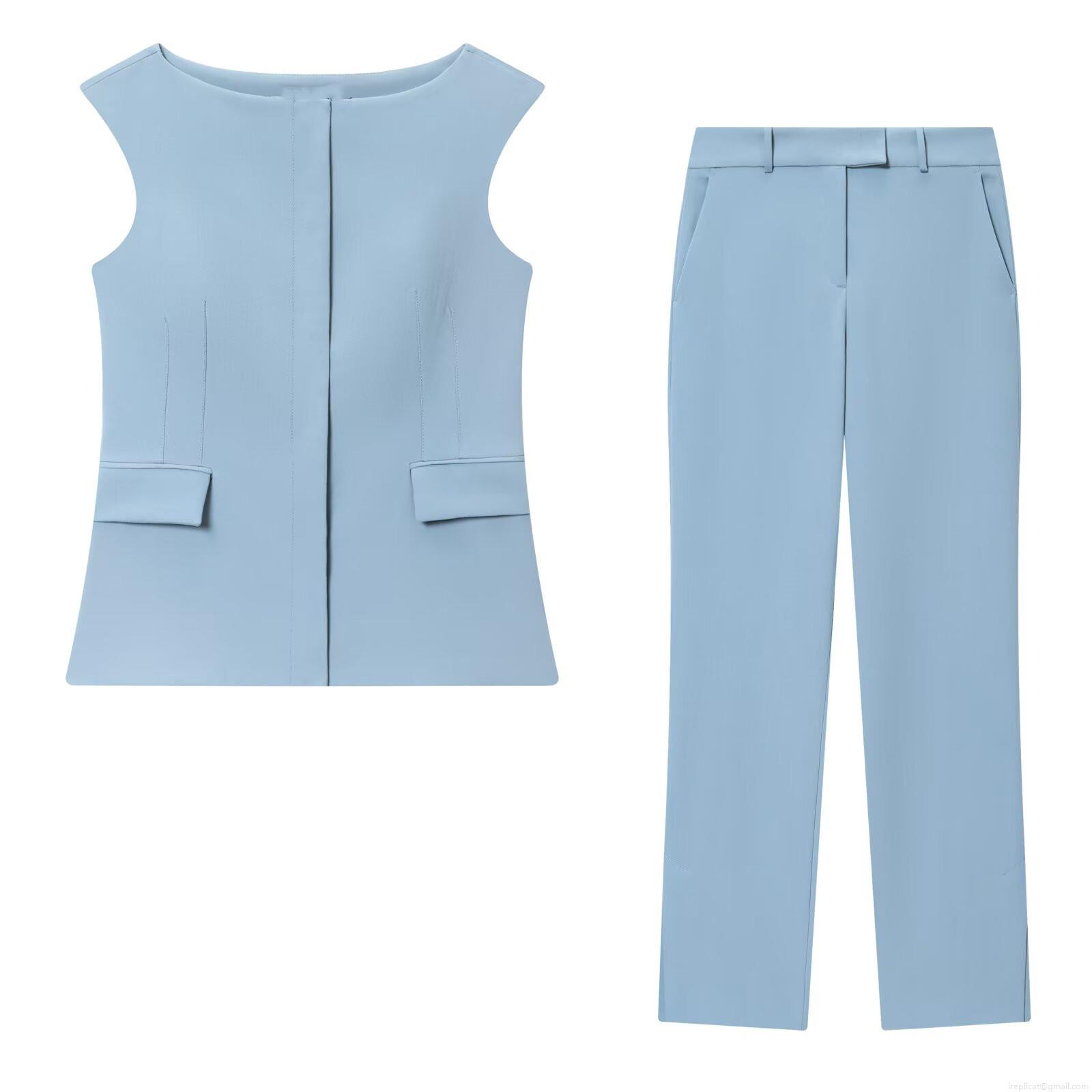 Women's Light Blue Elegant Sleeveless Vest Top and Split Hem Flared Pants Two Piece Set Professional Commuter Suit Polyester Spandex Business Outfit Women's Light Blue Elegant Sleeveless Vest Top and Split Hem Flared Pants Two Piece Set Professional Commuter Suit Polyester Spandex Business Outfit