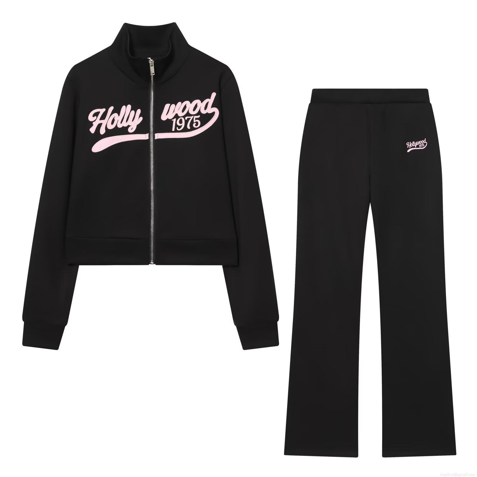 Women's Casual Black Tracksuit Set Long Sleeve Zipper Stand Collar Sweatshirt And Flare Pants Pink Hollywood 1975 Embroidery Retro Autumn Winter Athletic Two Piece Outfit Women's Casual Black Tracksuit Set Long Sleeve Zipper Stand Collar Sweatshirt And Flare Pants Pink Hollywood 1975 Embroidery Retro Autumn Winter Athletic Two Piece Outfit