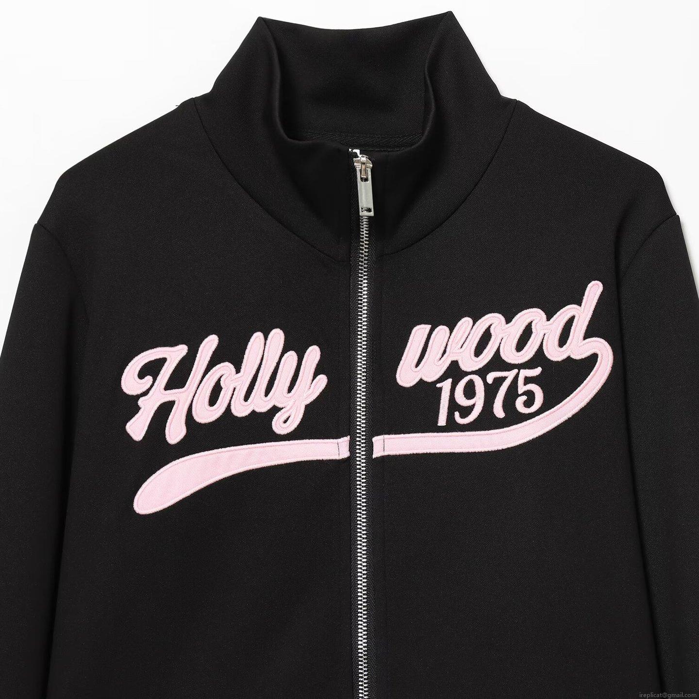 Women\'s Casual Black Tracksuit Set Long Sleeve Zipper Stand Collar Sweatshirt And Flare Pants Pink Hollywood 1975 Embroidery Retro Autumn Winter Athletic Two Piece Outfit