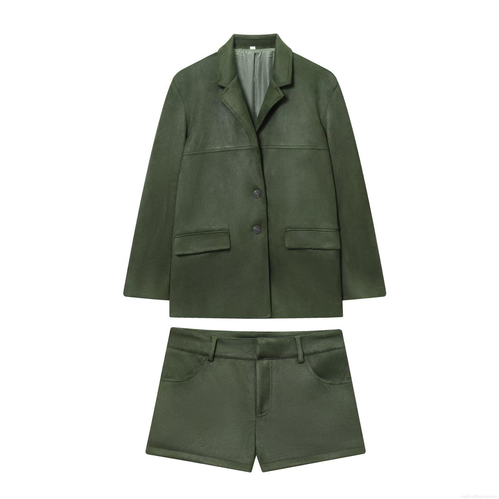 Women's Faux Suede Two Piece Set Solid Forest Green Long Sleeve Blazer Jacket and Shorts Outfits for Casual Office Commuter Fashion Suit Women's Faux Suede Two Piece Set Solid Forest Green Long Sleeve Blazer Jacket and Shorts Outfits for Casual Office Commuter Fashion Suit