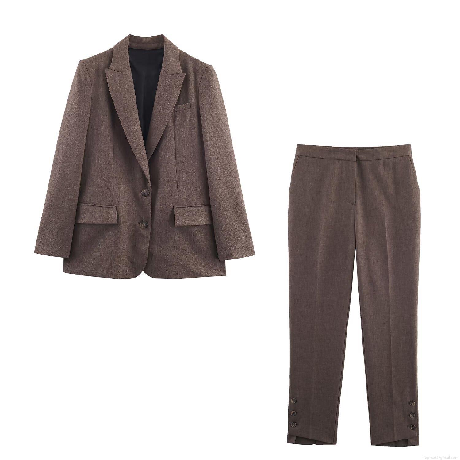 Women's Business Casual Blazer and Trousers Set Fashion Back Button Textured Suits Dark Brown Long Sleeve Office Lady Commute 2 Piece Outfit Women's Business Casual Blazer and Trousers Set Fashion Back Button Textured Suits Dark Brown Long Sleeve Office Lady Commute 2 Piece Outfit