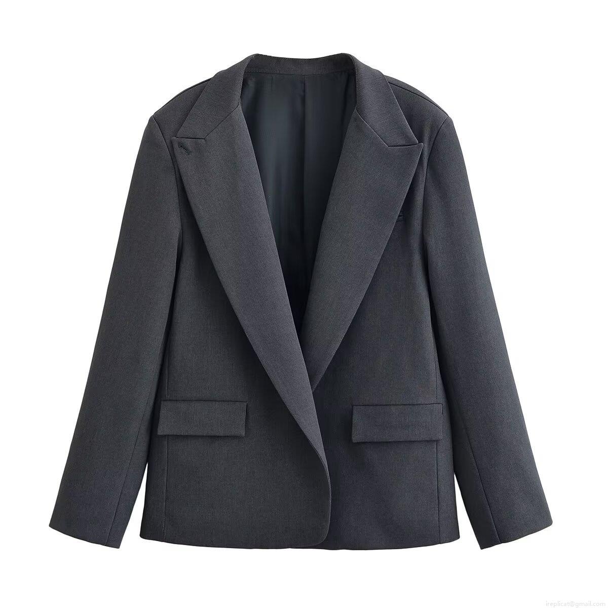 Elegant Women's 100% Polyester Blazer Pants Set Single Breasted Dark Grey Pinstripe Wide Leg Trousers Professional Office Business Commuter Suit Elegant Women's 100% Polyester Blazer Pants Set Single Breasted Dark Grey Pinstripe Wide Leg Trousers Professional Office Business Commuter Suit